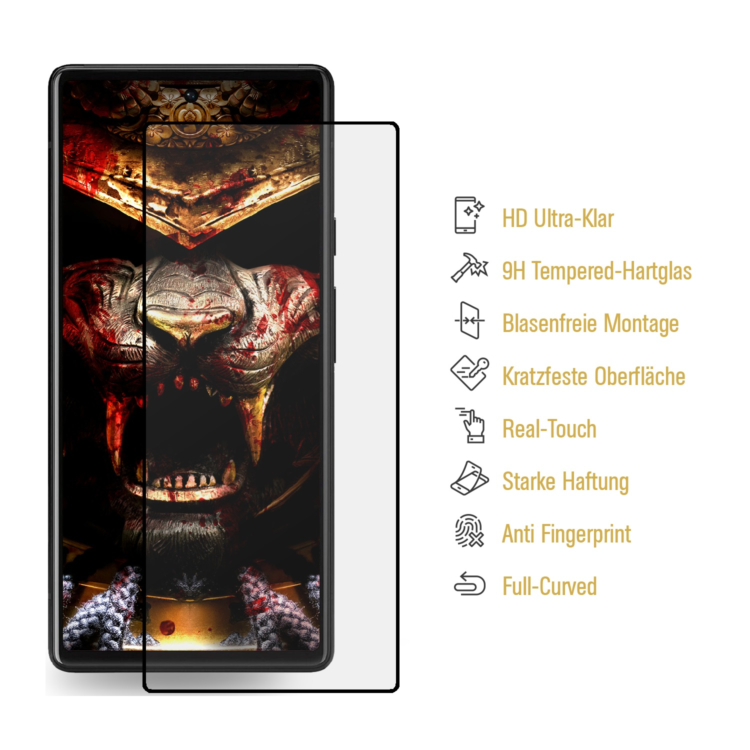 Telefon mit angebrachtem Displayschutz. Funktionssymbole: HD Ultra-Klar, 9H Tempered-Glas usw. Weißer Hintergrund.