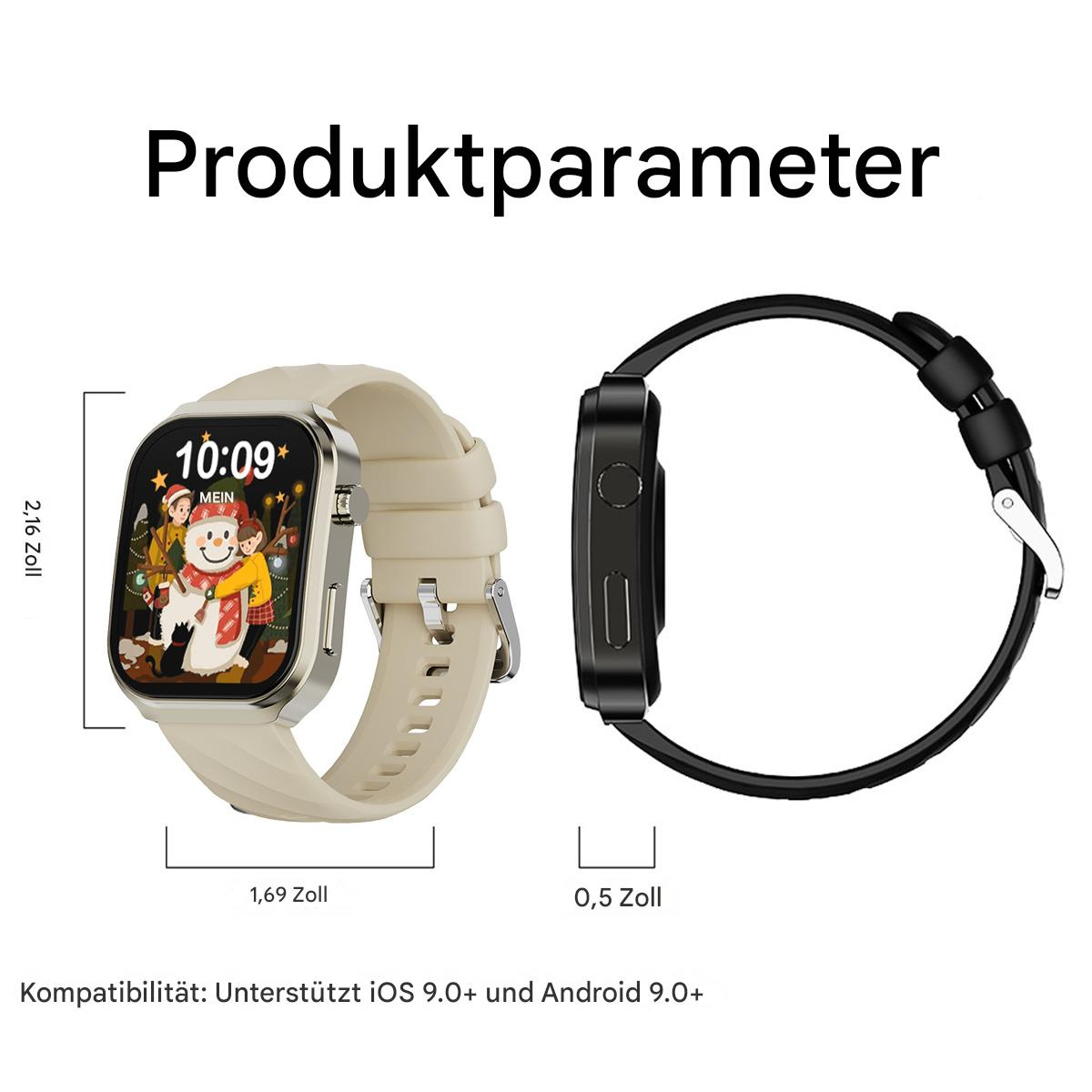 Eine Smartwatch mit einem Bildschirm, der einen Schneemann und die Uhrzeit anzeigt. Zwei Ansichten der Uhr mit Messungen.