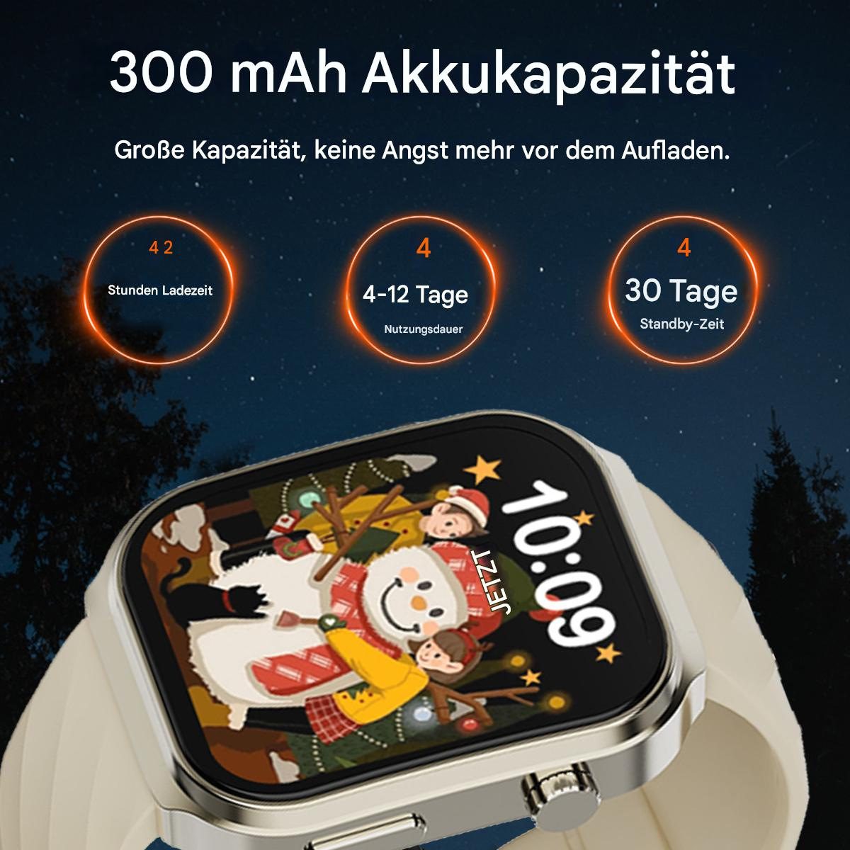 Smartwatch mit einem Schneemann auf dem Bildschirm, der Zeit und Akkulaufzeit anzeigt.