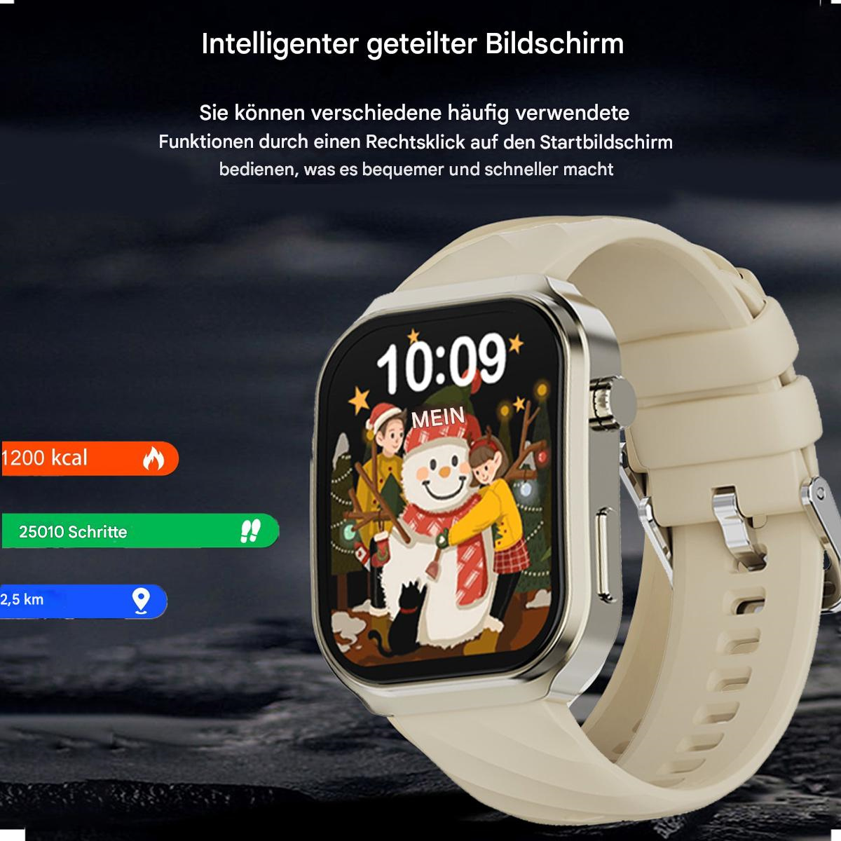 Smartwatch mit Schneemann-Bild auf dem Bildschirm, zeigt Daten wie Schritte, kcal und km an.