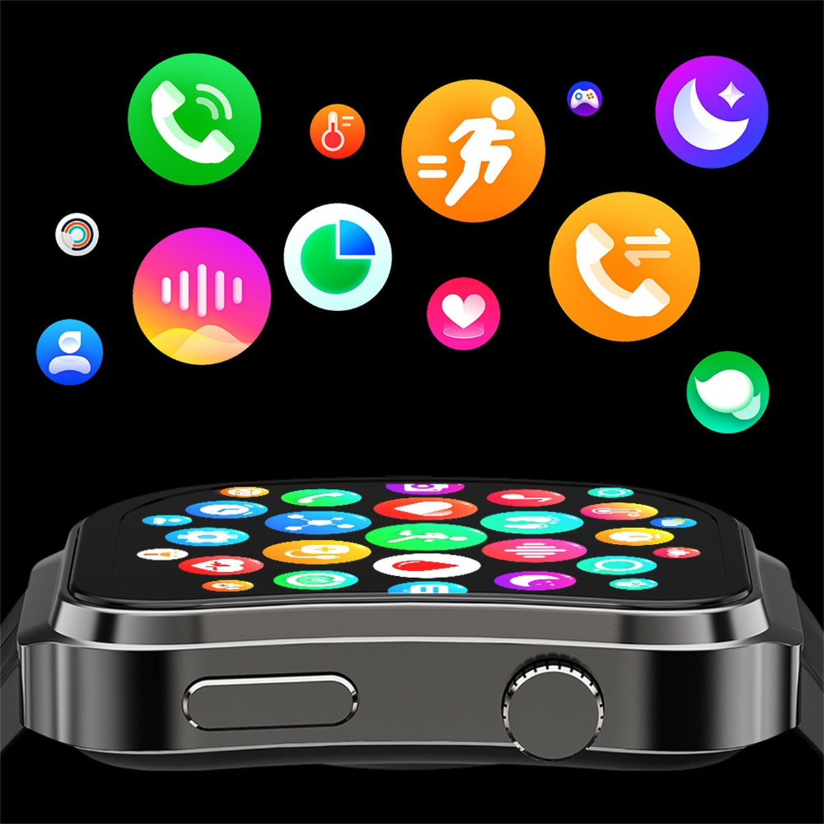 Smartwatch auf schwarzem Hintergrund mit Symbolen. Der Bildschirm zeigt Apps. Silbernes Uhrengehäuse, schwarzes Armband.