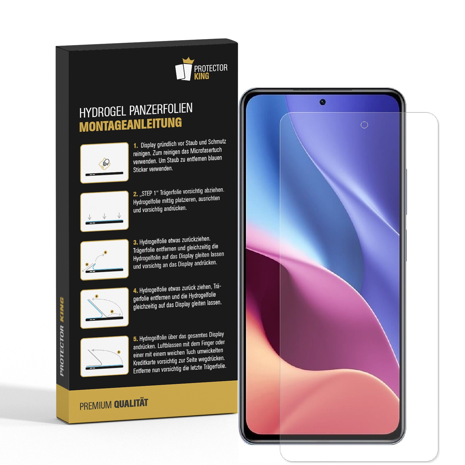 Eine Box mit Anweisungen und Displayschutz neben einem Telefon mit Schutz.