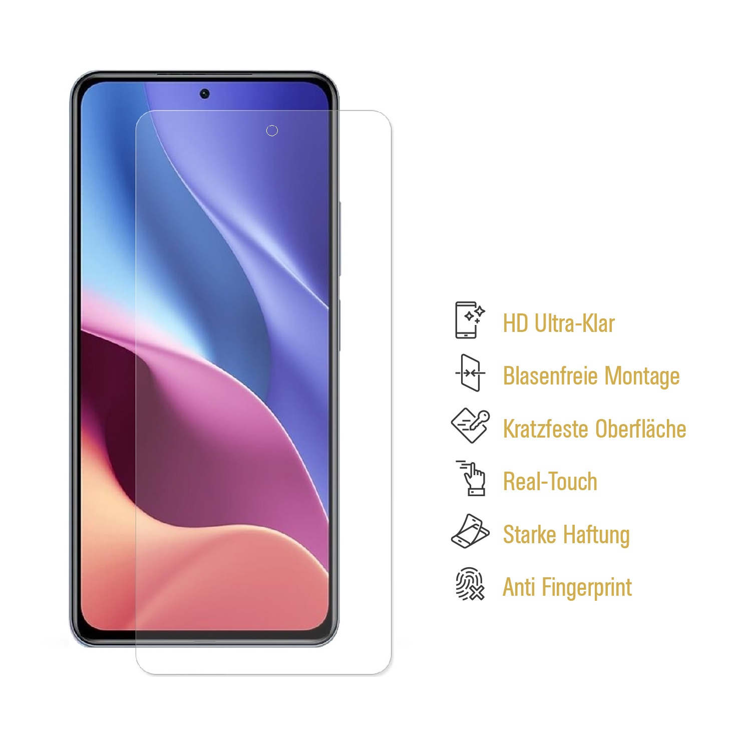 Displayschutzfolie und Telefon. Text: HD klar, blasenfreie Montage, kratzfeste Oberfläche, echtes Gefühl, starker Halt.