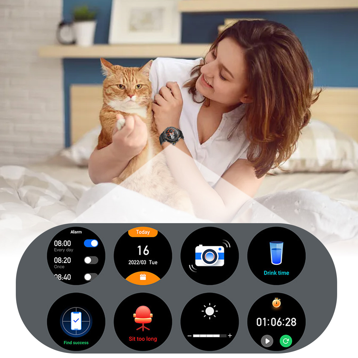 Eine Frau mit Katze, die eine Smartwatch mit verschiedenen Gesundheitsüberwachungssymbolen trägt.