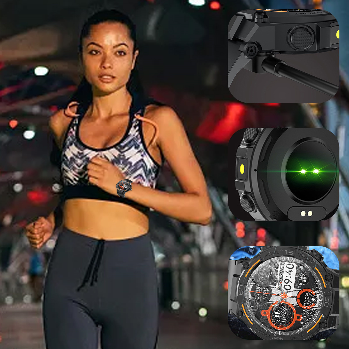 Frau beim Laufen mit Fitness-Tracker-Uhr. Detailaufnahmen der Uhr, die Funktionen anzeigt.