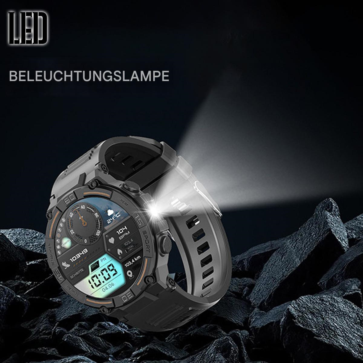 Eine schwarze Smartwatch mit beleuchtetem Bildschirm. Das Zifferblatt zeigt Zeit, Herzfrequenz und andere Gesundheitsmetriken.