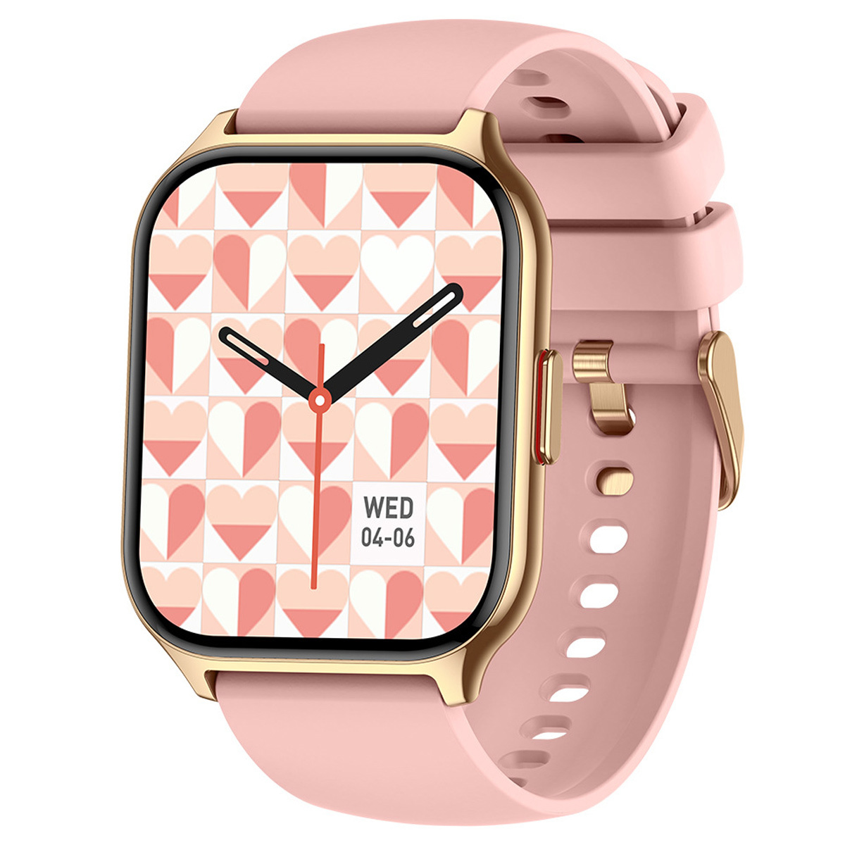 Rosa Smartwatch mit goldenem Rahmen und pinkfarbenem Armband. Der Bildschirm zeigt Datum und Uhrzeit.