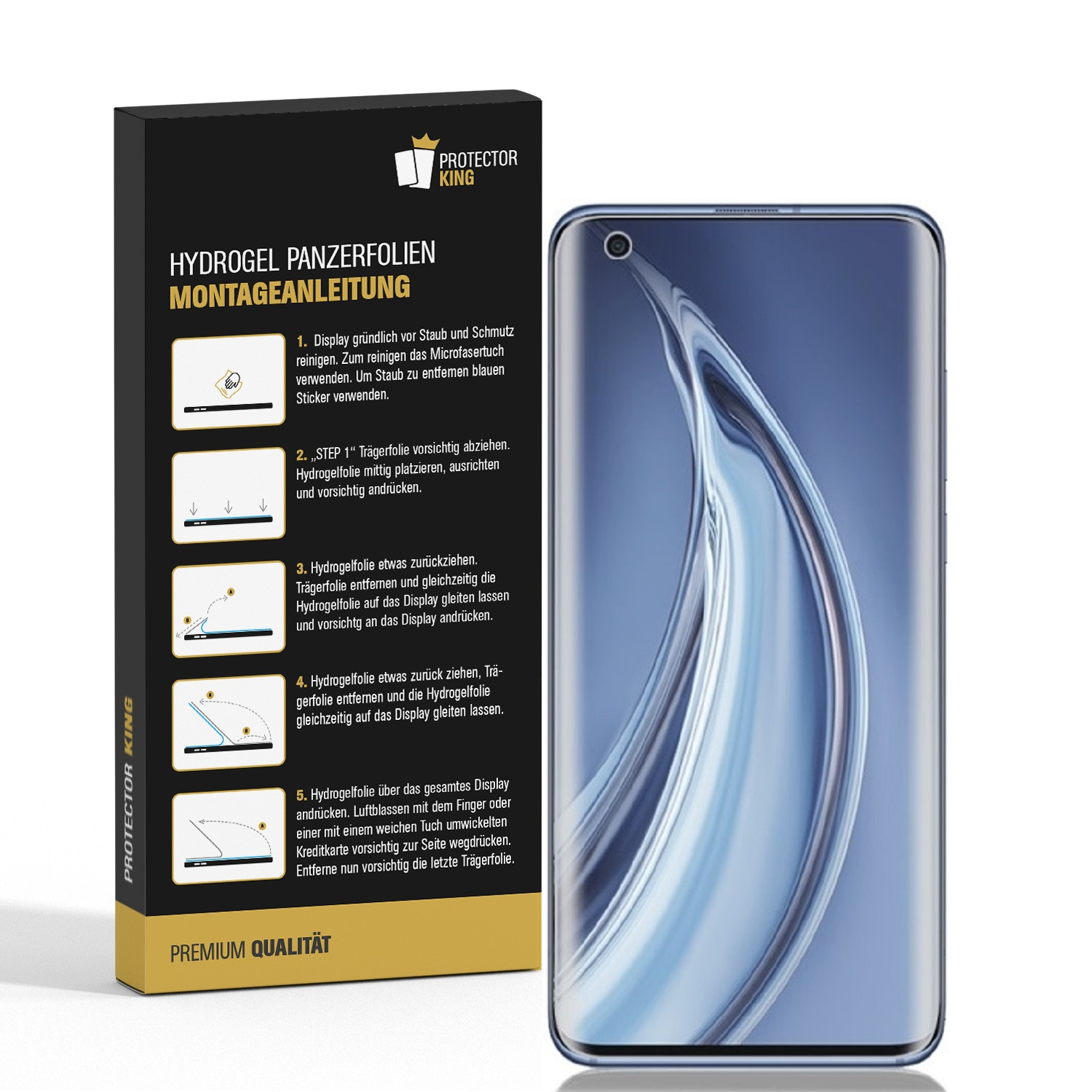 Displayschutzfolie mit Anweisungen. Telefon ist sichtbar, mit einer Box, die Schritte zeigt.