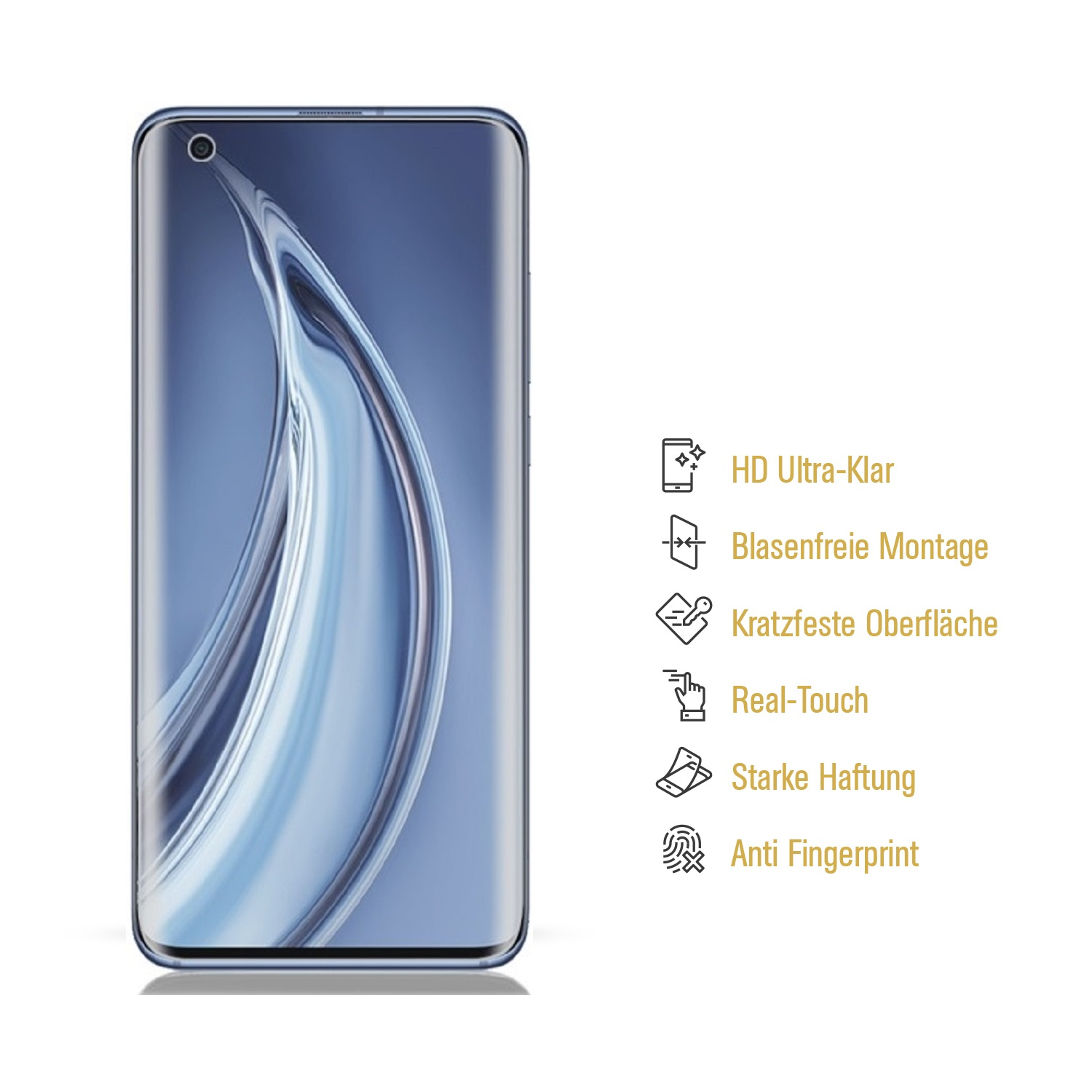 Ein blauer Telefonbildschirm zeigt einen blauen Hintergrund. Text zeigt Funktionen: HD, Klebstoff, kratzfest, fingerabdrucksicher.
