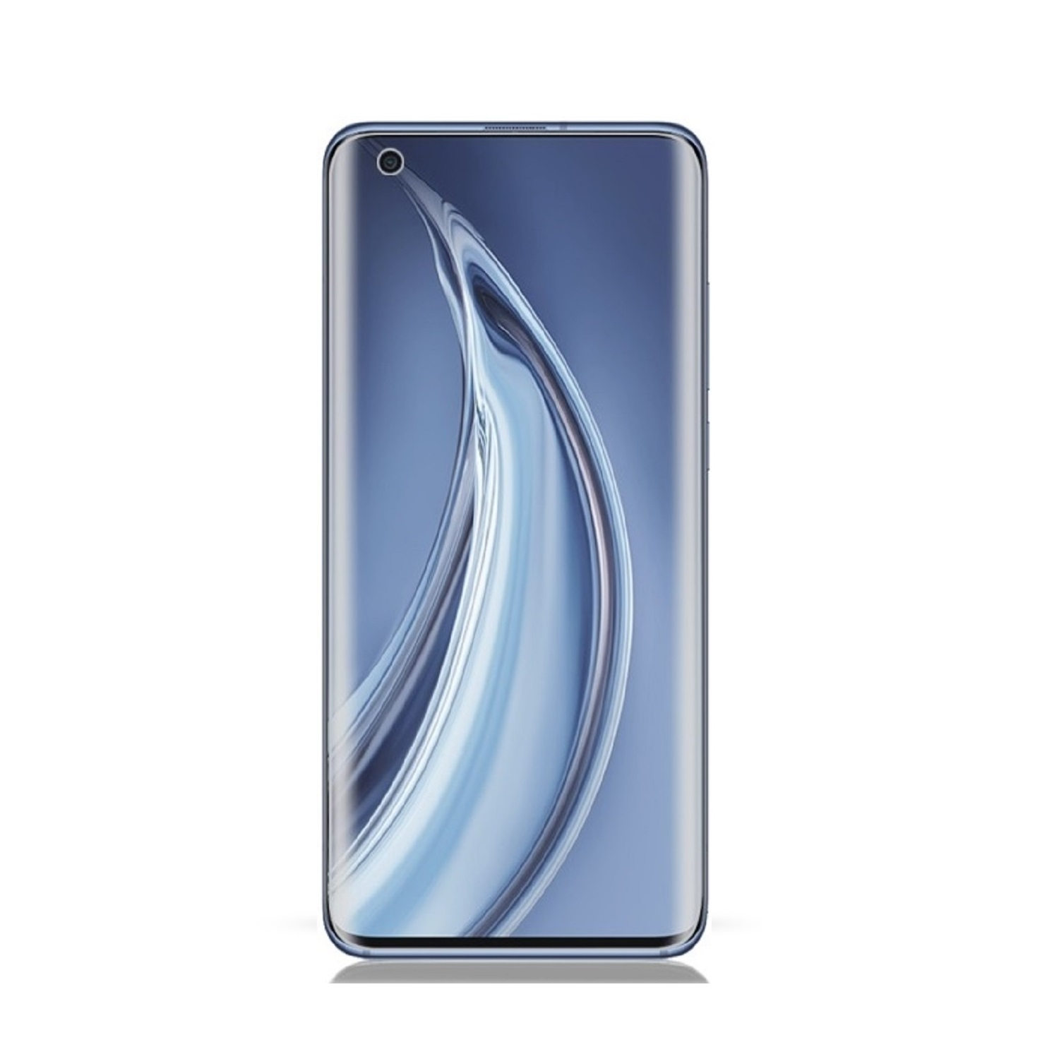 Ein blaues Smartphone zeigt einen gebogenen Bildschirm mit blauem und weißem abstraktem Design.