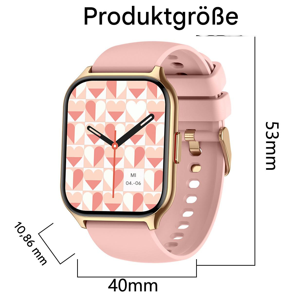 Eine rosa und goldene Smartwatch, die Abmessungen von 40 mm x 53 mm zeigt, und ein Bildschirm, der ein Herzdesign anzeigt.