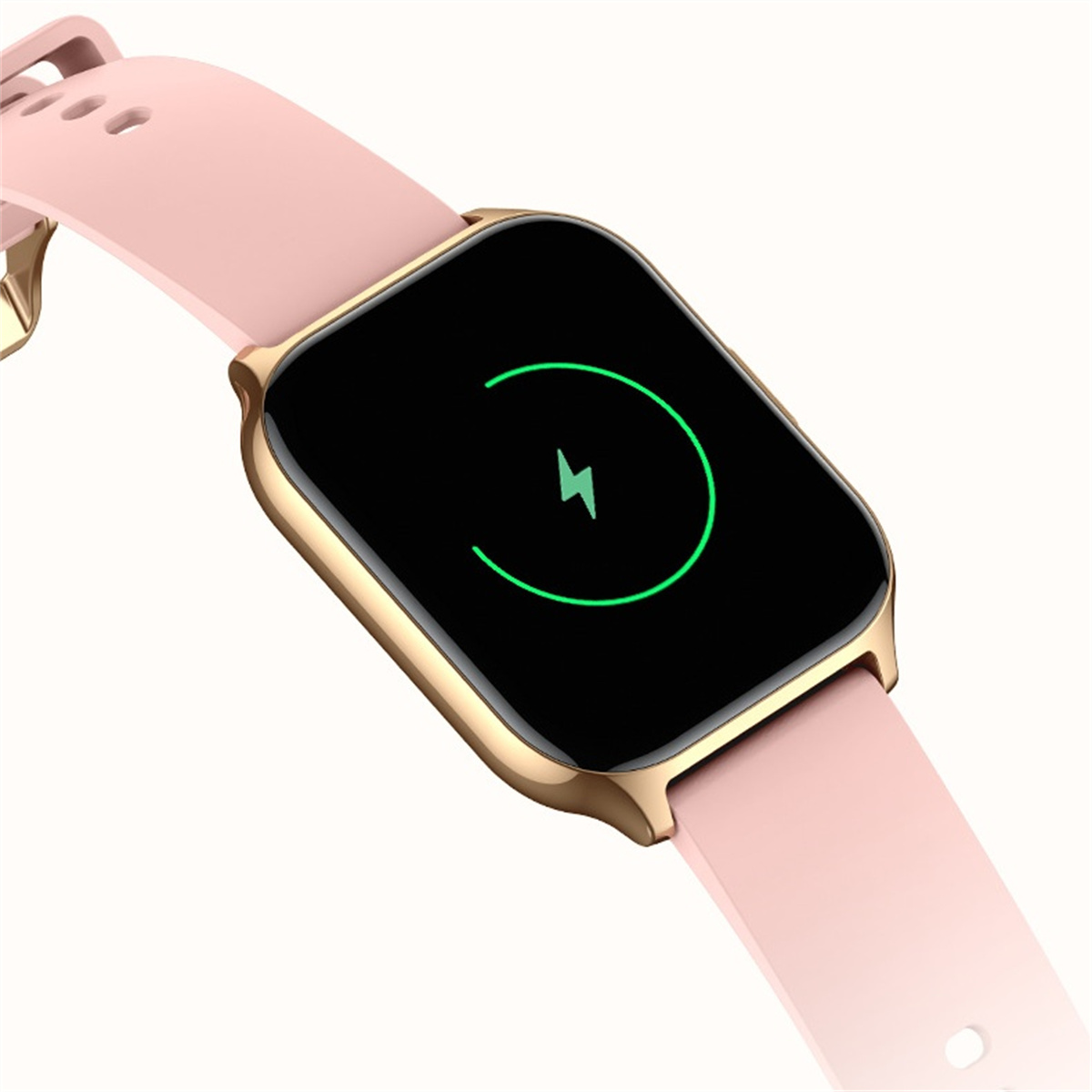 Rosa Smartwatch mit goldfarbenem Gehäuse und schwarzem Bildschirm mit grünem Blitzsymbol.