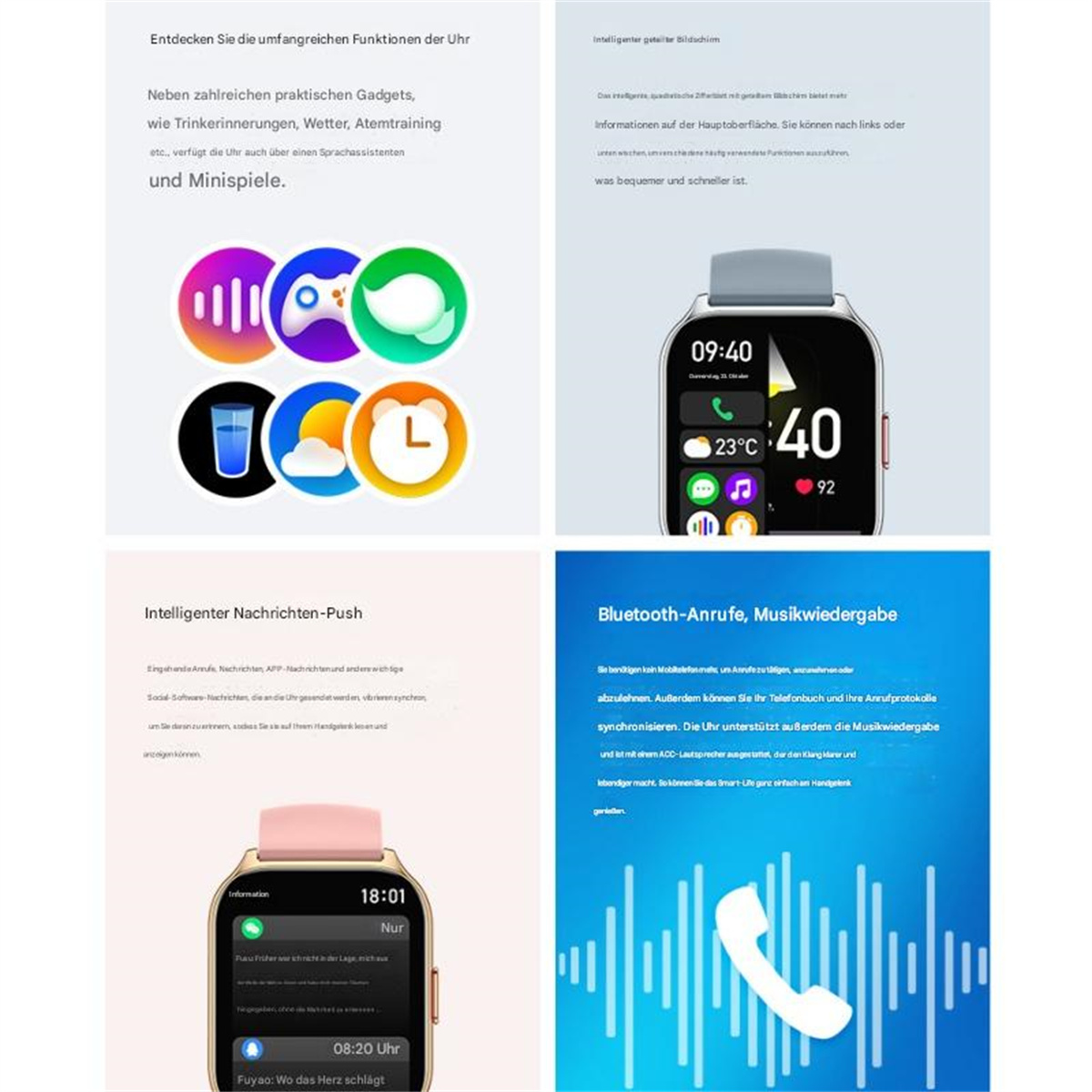 Ein Smartwatch-Bildschirm mit App-Symbolen und Uhrzeit. Zusätzliche Bilder von Uhrenfunktionen.