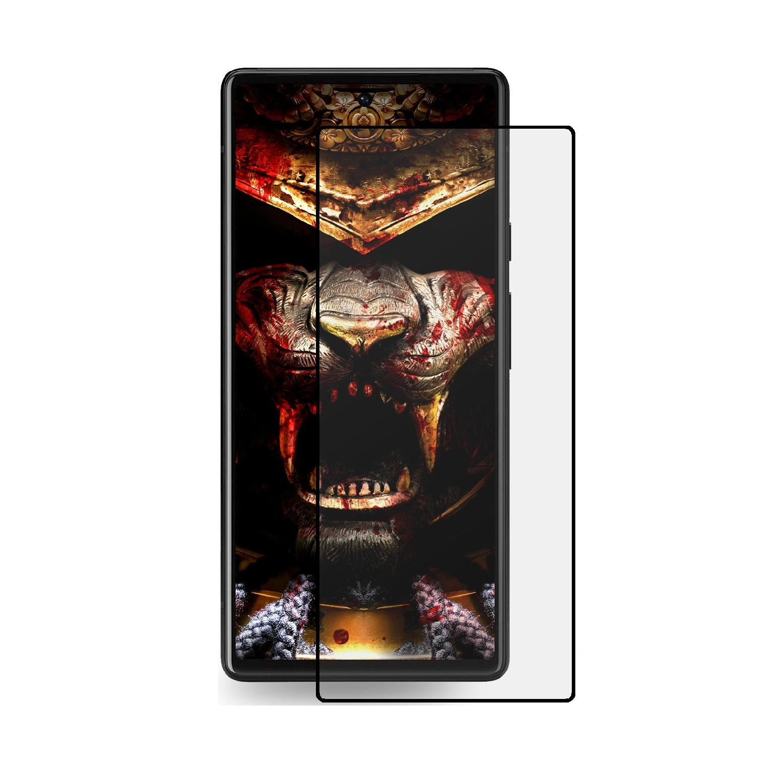 Smartphone mit Displayschutzfolie. Der Bildschirm zeigt ein bedrohliches Bild, mit einem klaren Schutz darüber.
