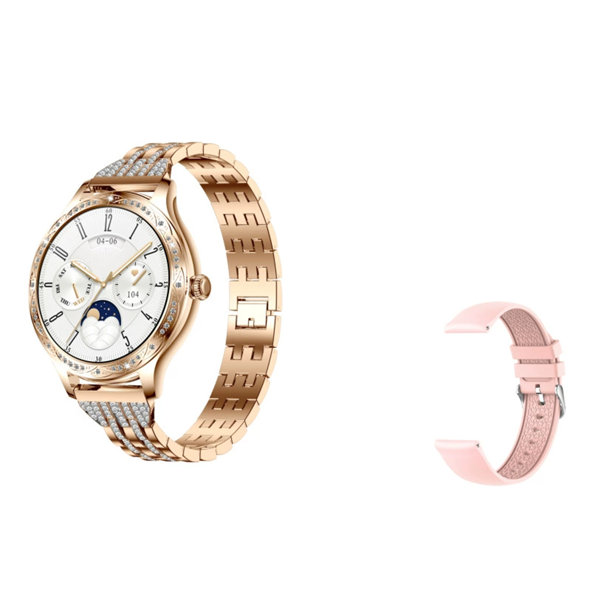 Goldene Uhr mit Diamantakzenten und einem rosa Armband. Zwei Armbänder werden gezeigt. Eines mit Diamanten, eines rosa.