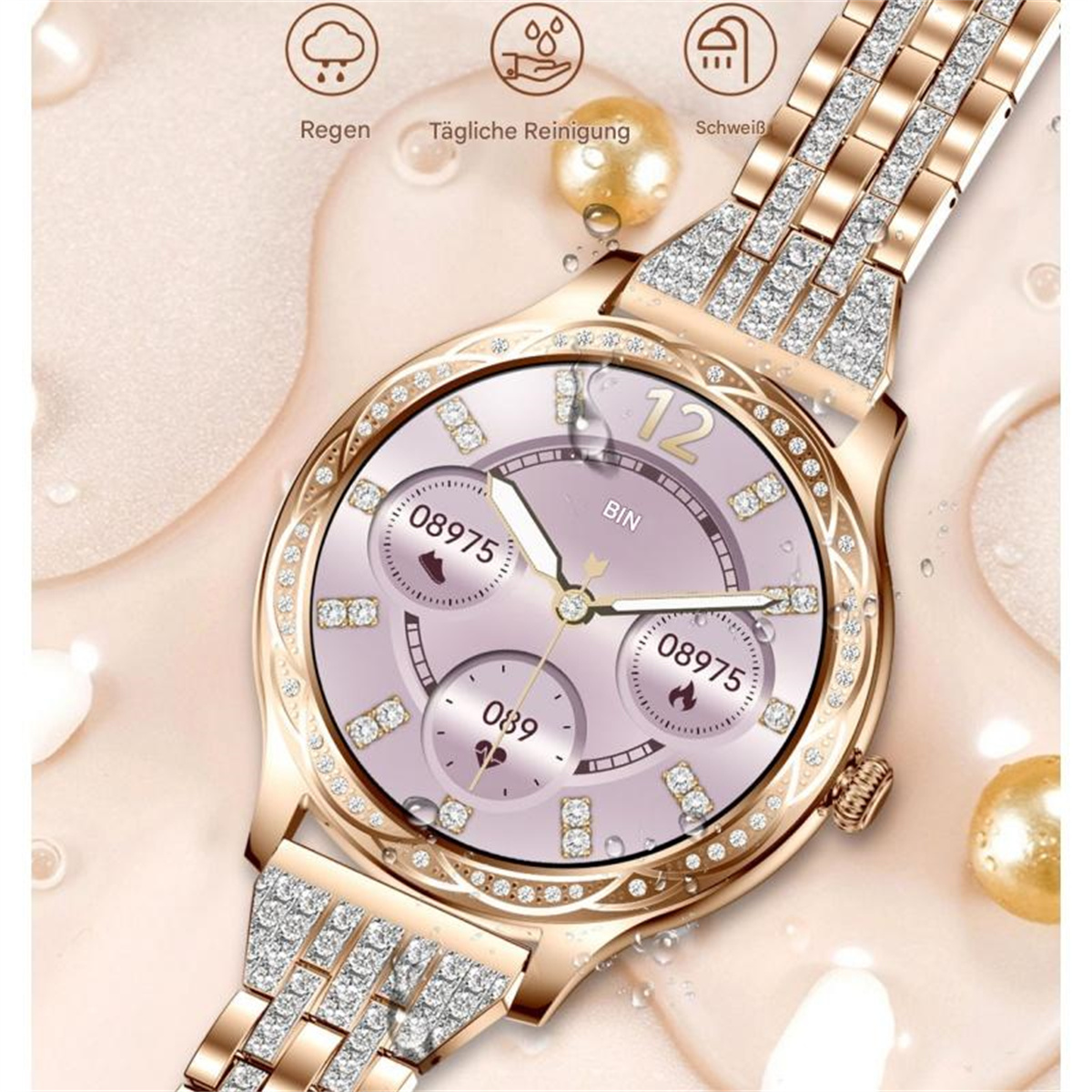 Roségoldene Smartwatch mit pinkem Zifferblatt. Lünette und Armband mit Diamanten besetzt, drei kleine Zifferblätter.