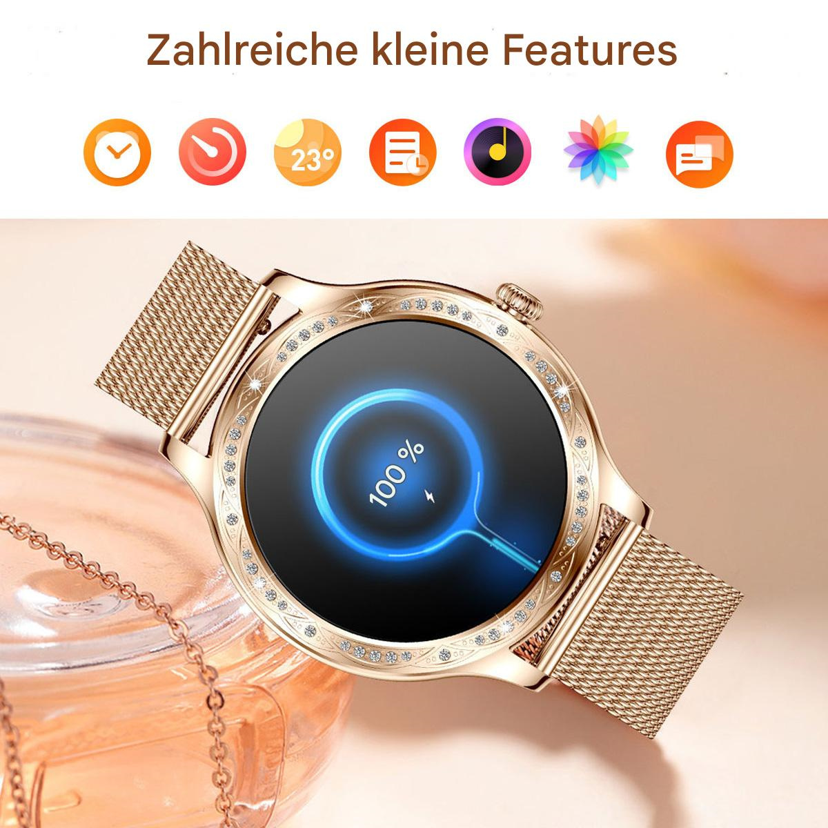 Roségoldene Smartwatch mit Ladeanzeige. Umgeben von Diamanten. Goldenes Mesh-Armband.