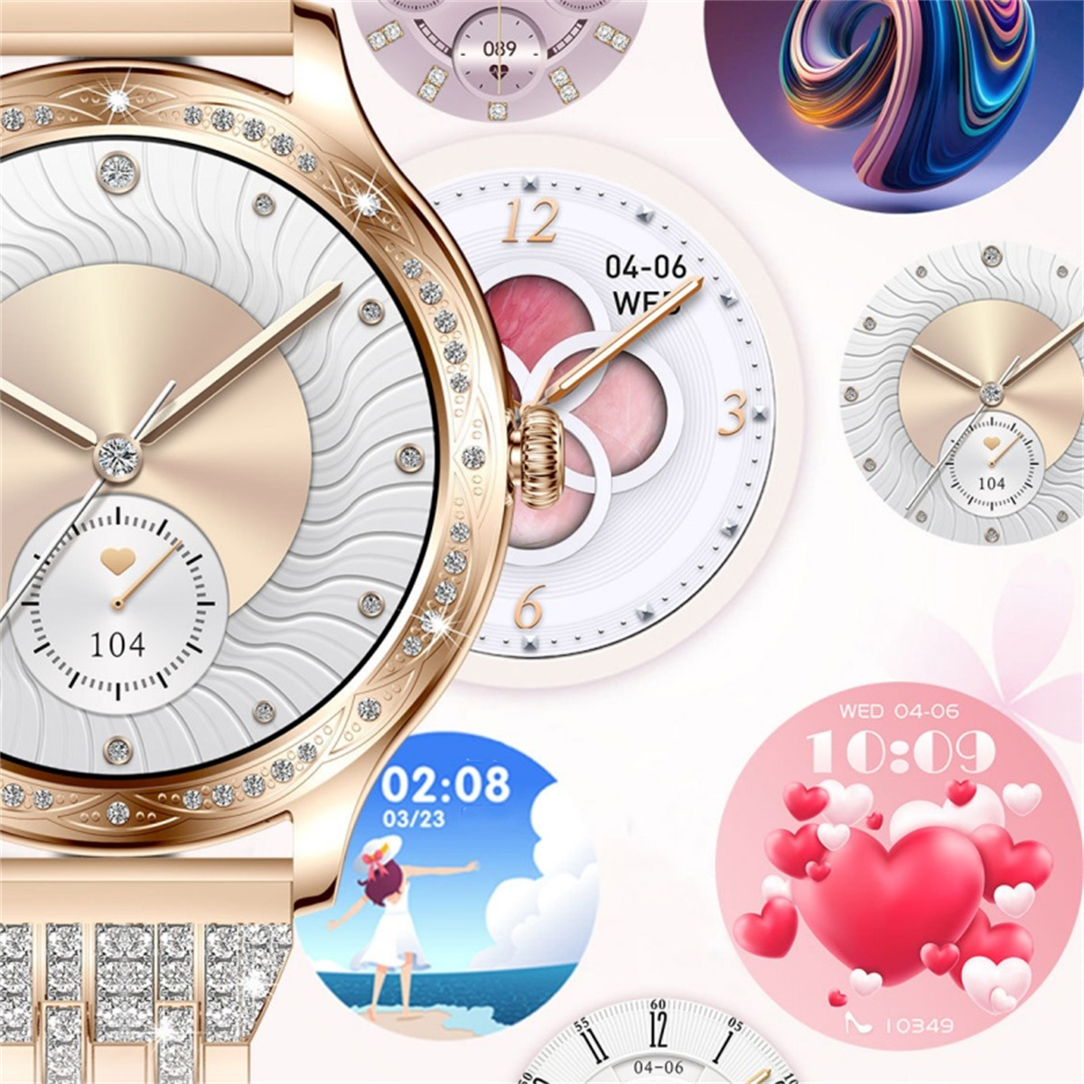 Nahaufnahme von goldenen und diamantbesetzten Zifferblättern. Mehrere Zifferblätter mit verschiedenen Designs sind sichtbar.