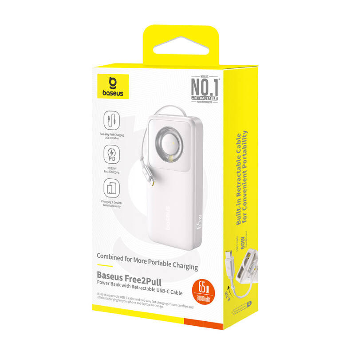 Banco de energía Baseus blanco con cable USB-C retráctil y caja amarilla con texto.