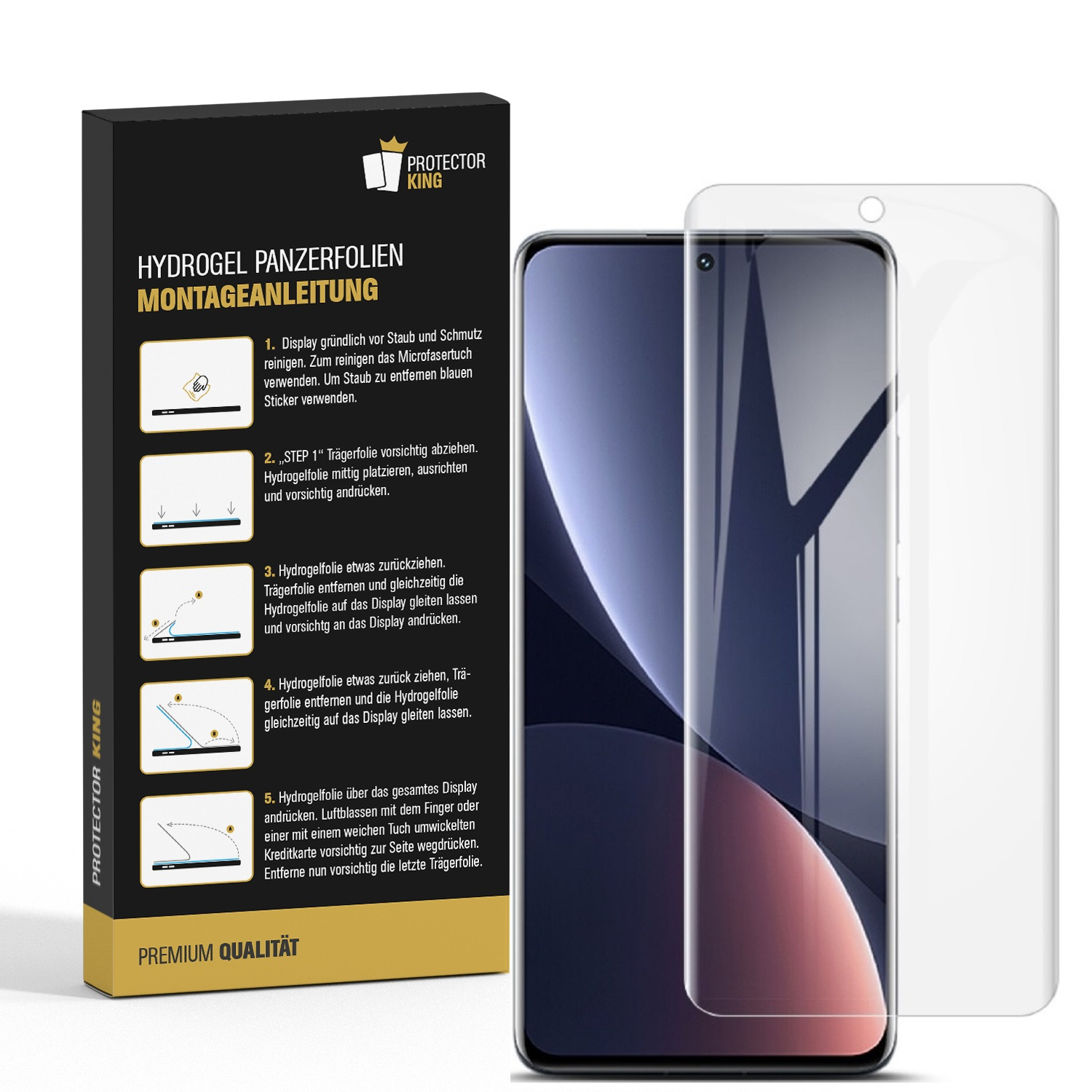 Smartphone und Displayschutzfolie. Box und Telefon rechts. Das Telefon hat einen Bildschirm mit Blautönen.