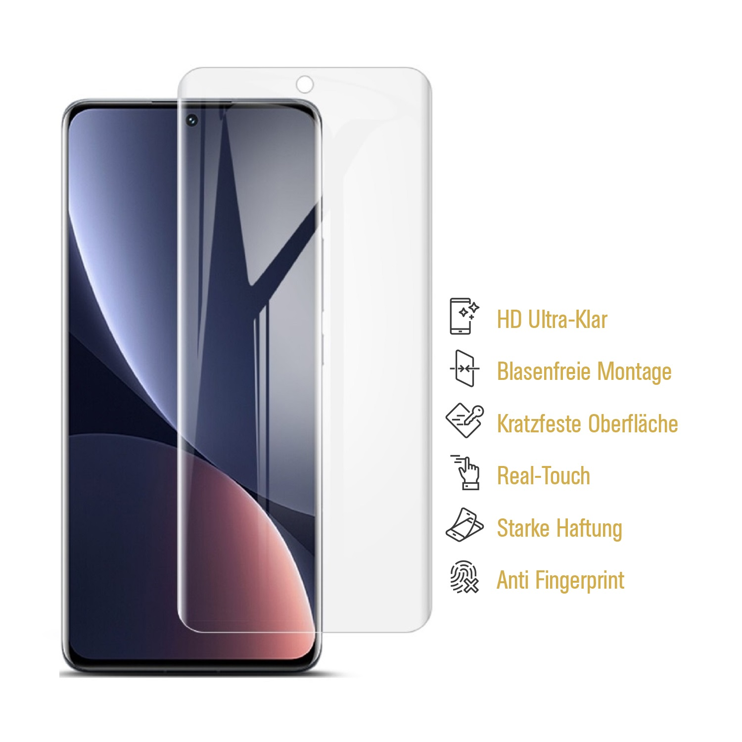 Smartphone mit Displayschutz. Schutz auf dem Telefon. Weißer Hintergrund. Text im Bild.