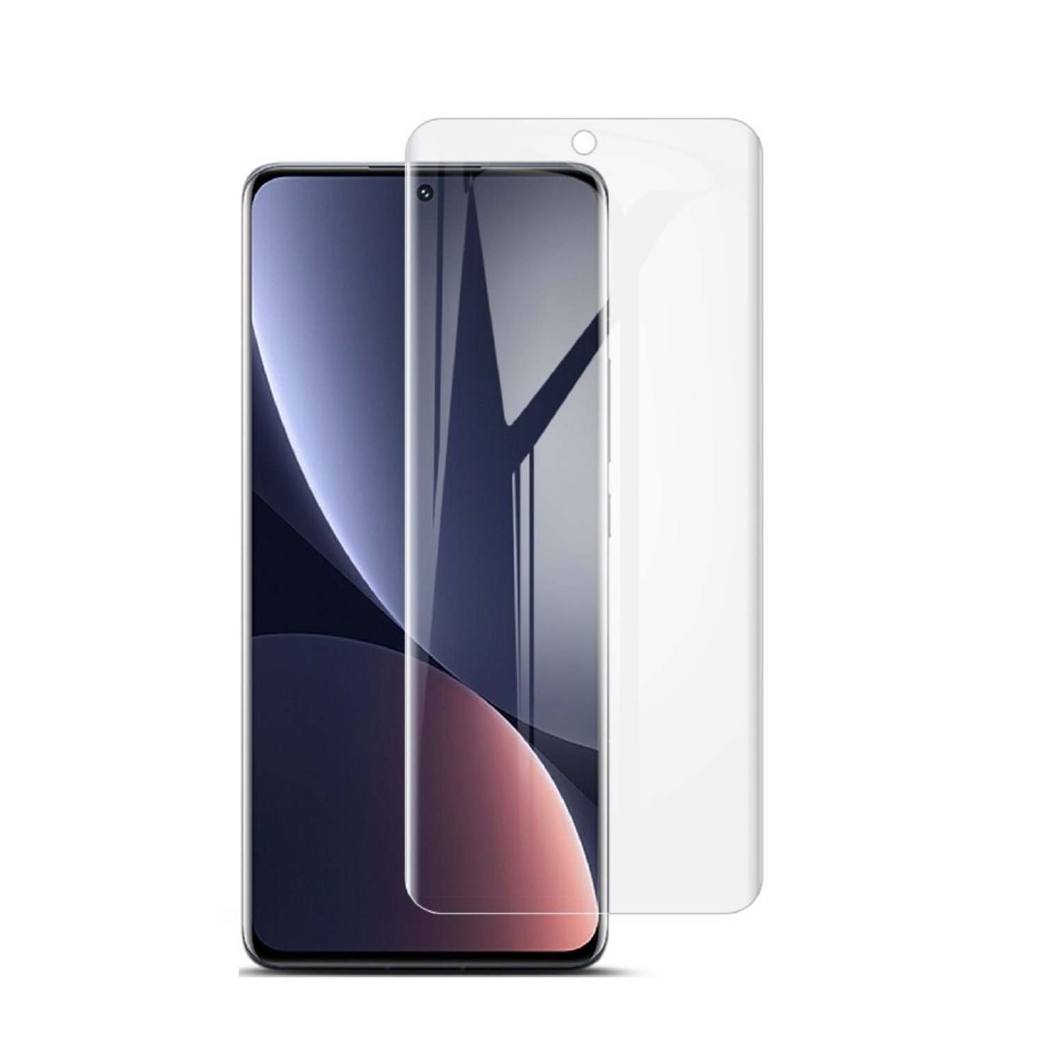 Ein schwarzes Smartphone mit einer Displayschutzfolie daneben. Das Telefon hat einen gebogenen Bildschirm und eine Kamera.