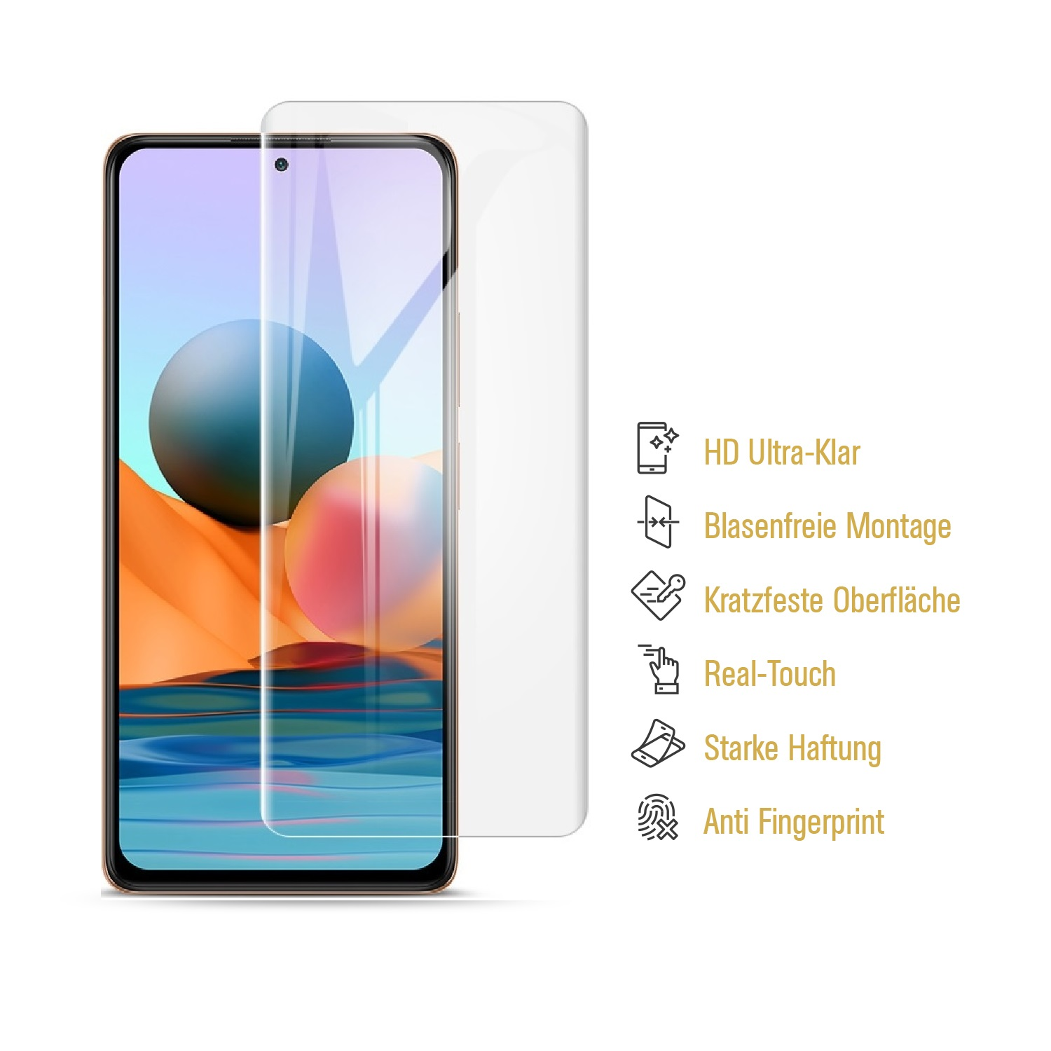 Smartphone und Displayschutzfolie mit Symbolen. Weißer Hintergrund.