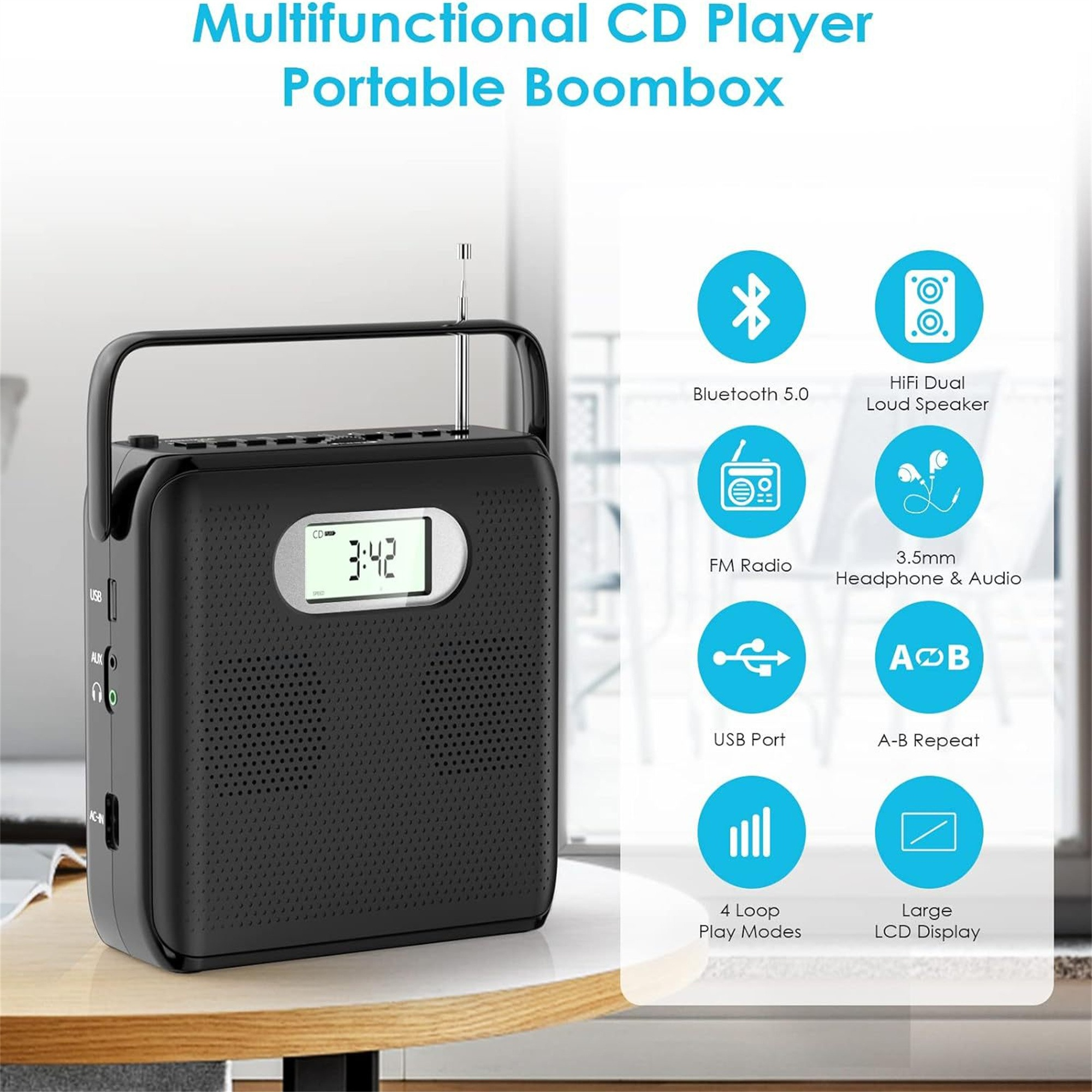 Schwarze tragbare Boombox mit einem Bildschirm und Symbolen für Bluetooth, UKW-Radio und andere Funktionen.