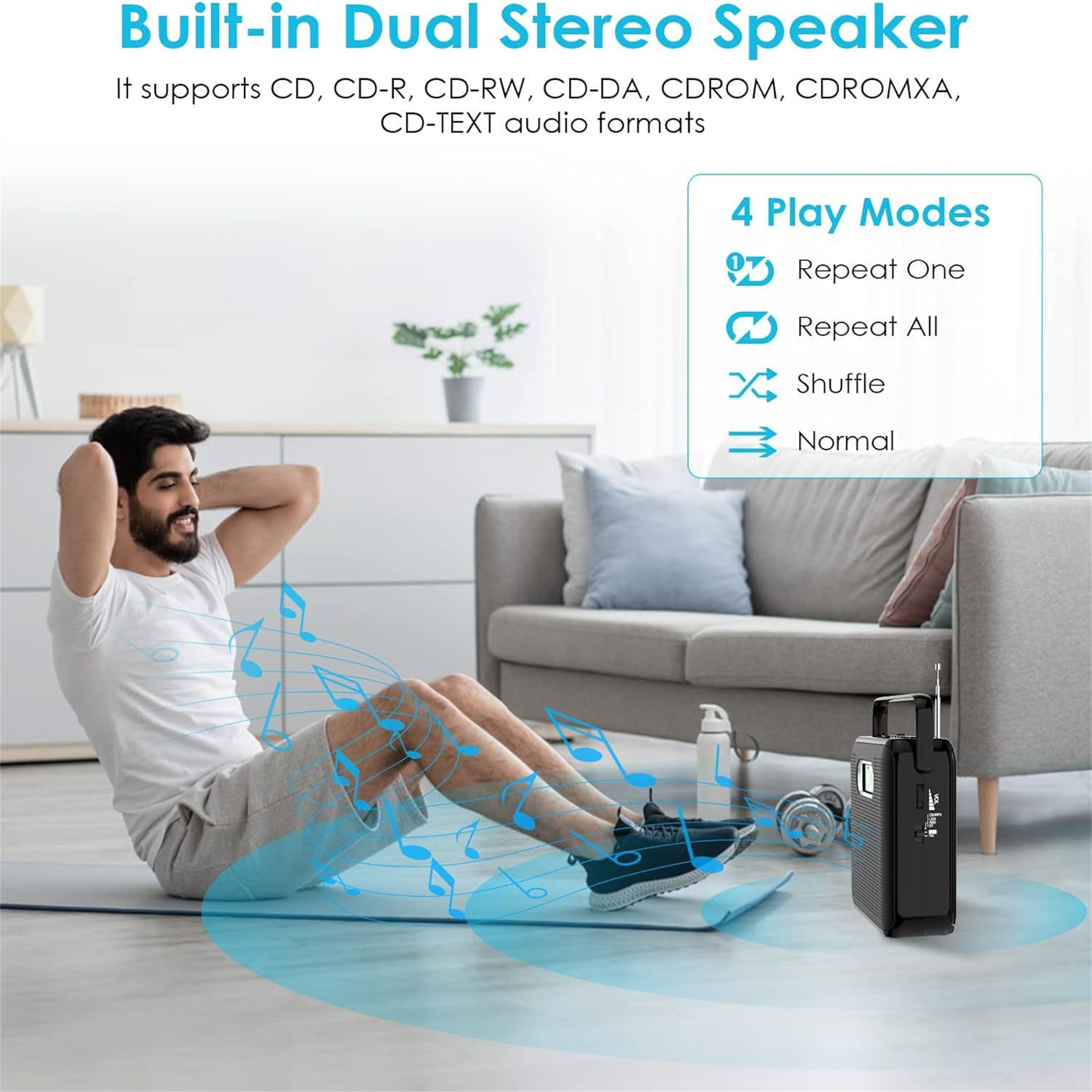 Mann, der auf der Matte trainiert. Ein Lautsprecher befindet sich in der Nähe mit Wiedergabemodus-Symbolen. Text: 'Eingebauter Dual-Stereo-Lautsprecher'.