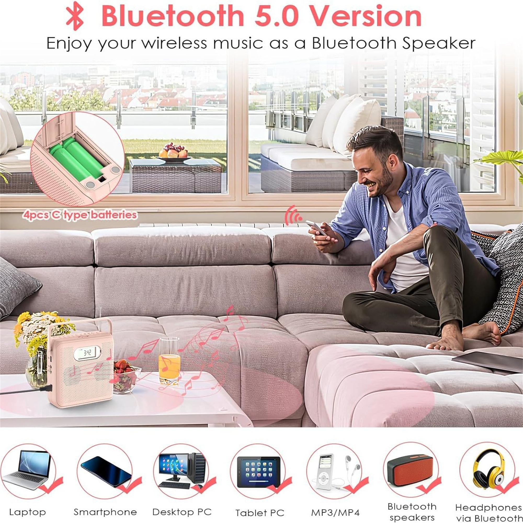 Ein Mann benutzt ein Smartphone und einen Lautsprecher mit 4 C-Batterien, mit Bildern von Geräten mit Bluetooth.