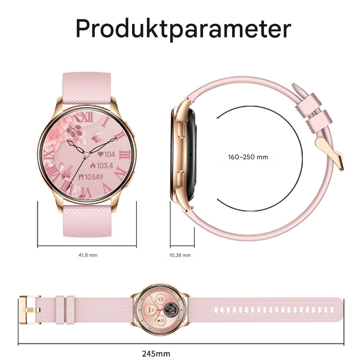 Pinke Smartwatch mit rundem Bildschirm, der Gesundheitsdaten anzeigt. Sie hat ein rosa Armband und ein Messdiagramm.