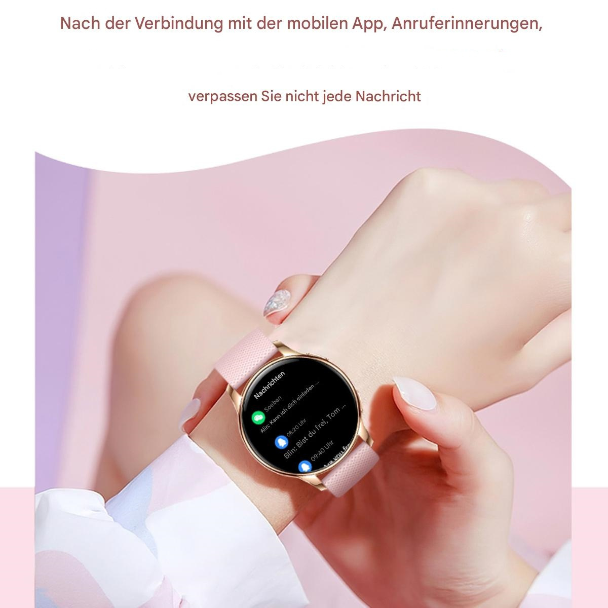 Eine Frau, die eine rosa Uhr am Handgelenk trägt, schaut auf den Bildschirm. Text ist auf Deutsch.