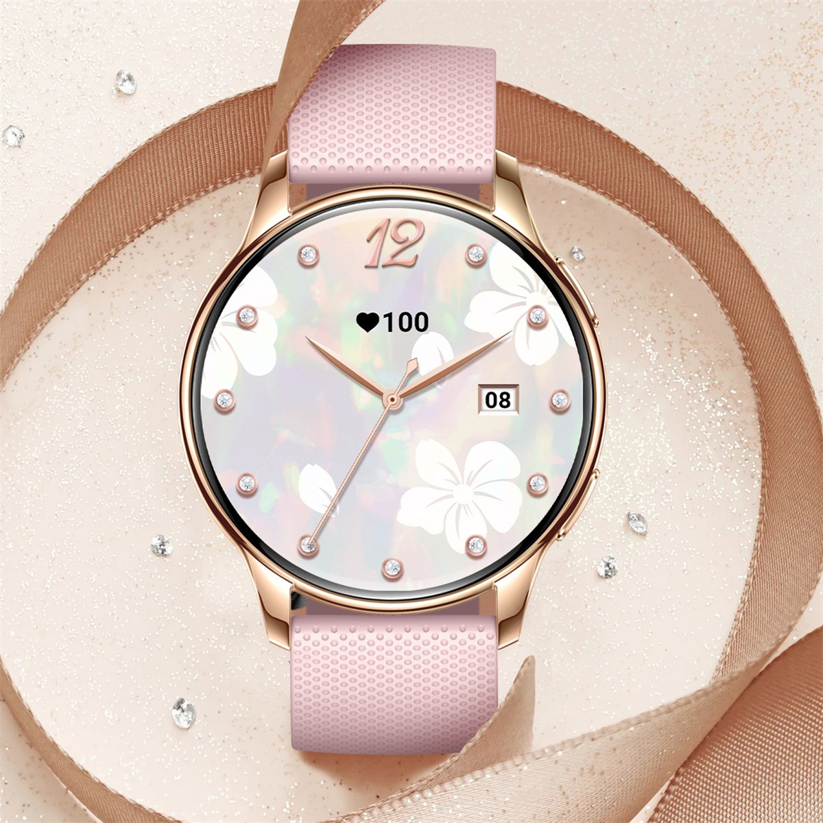 Roségoldene Smartwatch mit pinkem Armband. Zeigt Herzfrequenz, Zeit und florale Akzente.