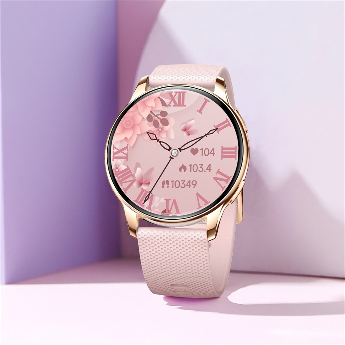 Rosa Smartwatch mit Blumendesign, roségoldenen Details und analogem Zifferblatt.