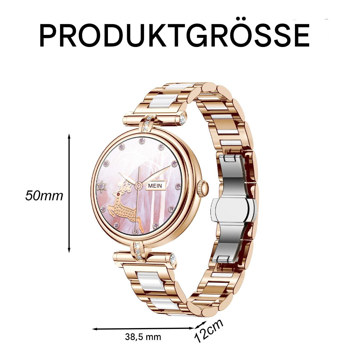 Goldfarbene Damenuhr mit weiß-goldfarbenem Armband. Das Zifferblatt hat ein Hirschdesign und misst.