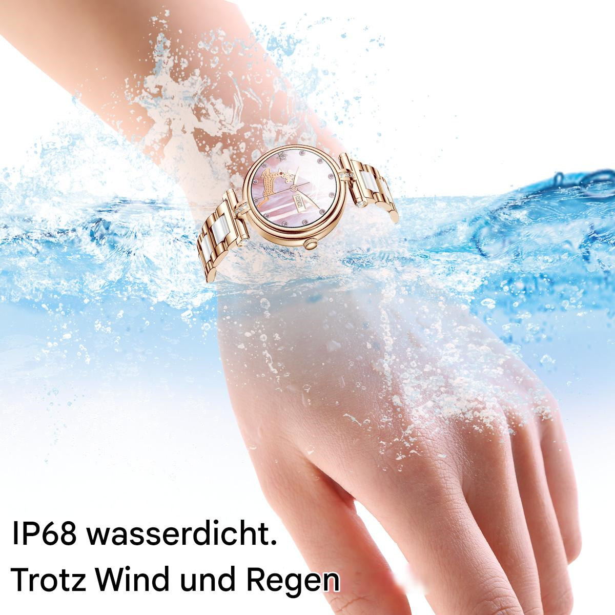 Hand mit goldener Uhr. Wasser spritzt herum. Text: IP68 wasserdicht. Trotz Wind und Regen.