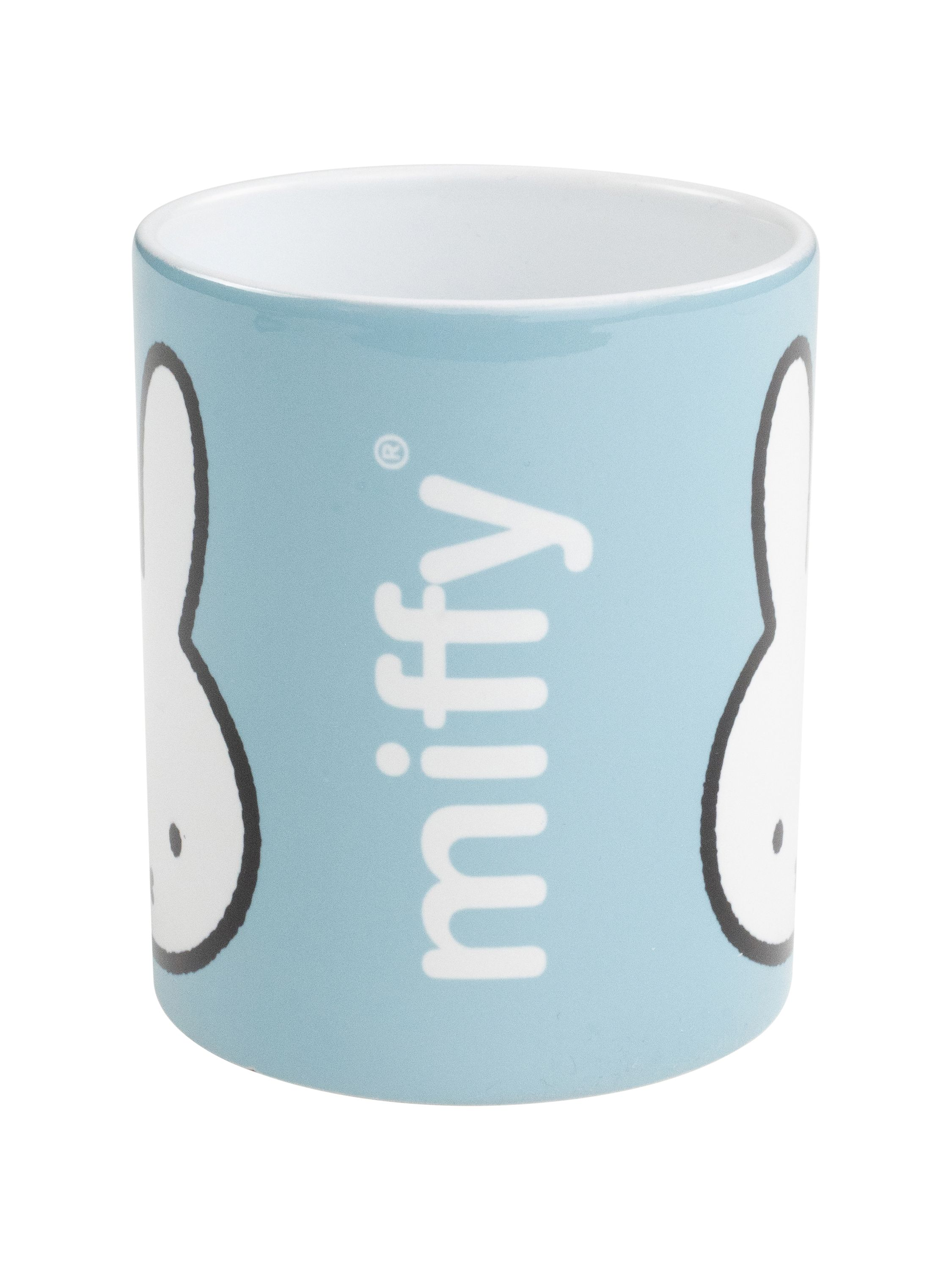 Hellblaue Miffy-Tasse mit weißen Miffy-Gesichtern und dem Wort 'miffy'.