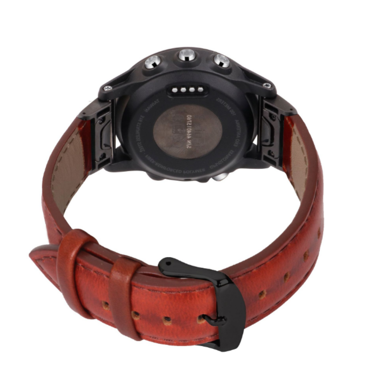 Smartwatch nero con cinturino in pelle marrone. Il retro è visibile con un sensore di frequenza cardiaca.