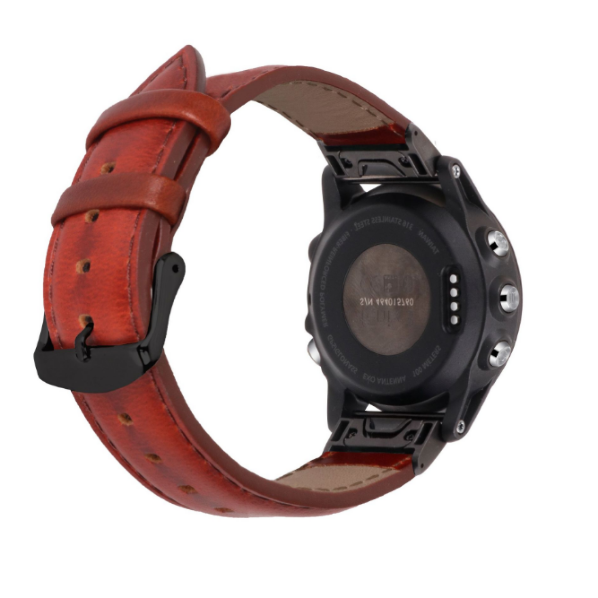 Un cinturino in pelle marrone, attaccato a un orologio nero. Il retro dell'orologio è visibile.
