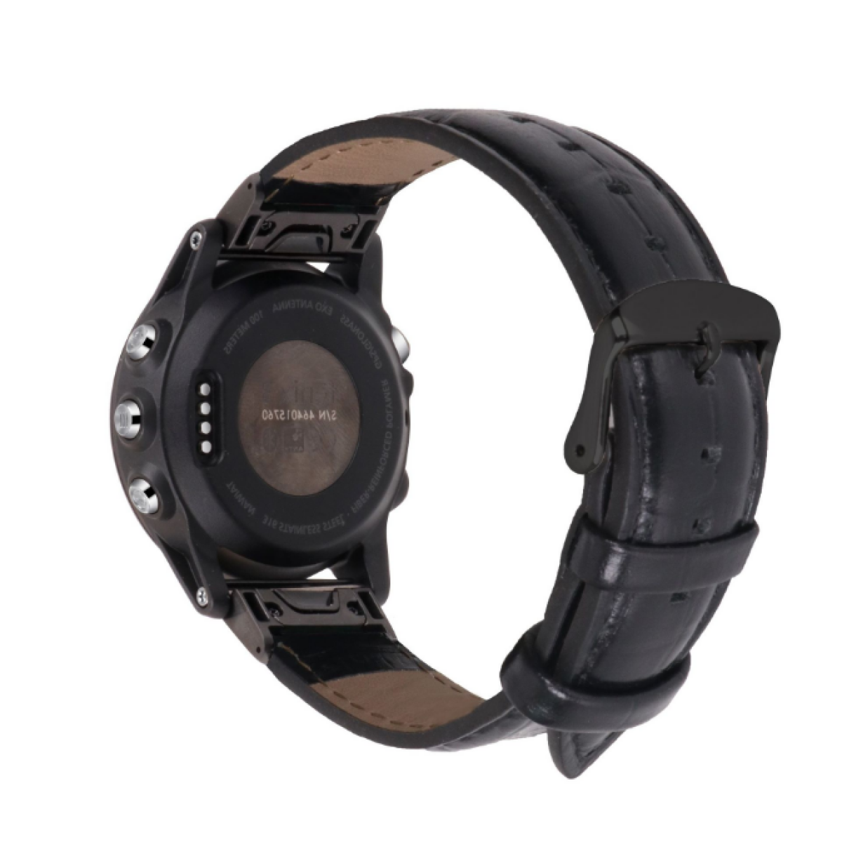 Schwarze Smartwatch mit schwarzem Lederarmband. Das Zifferblatt ist dunkel. Weißer Hintergrund.