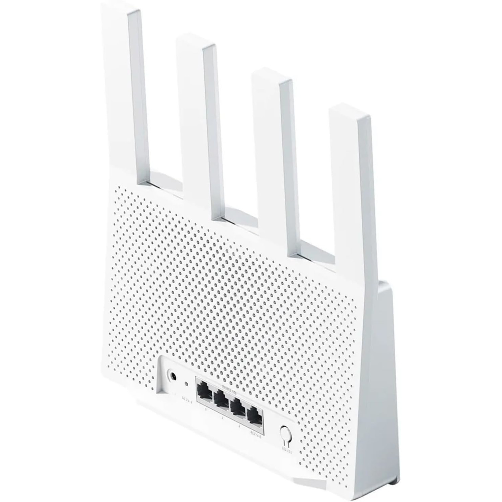 Biały router z czterema antenami i portami. Posiada logo oraz przyciski zasilania i resetowania.