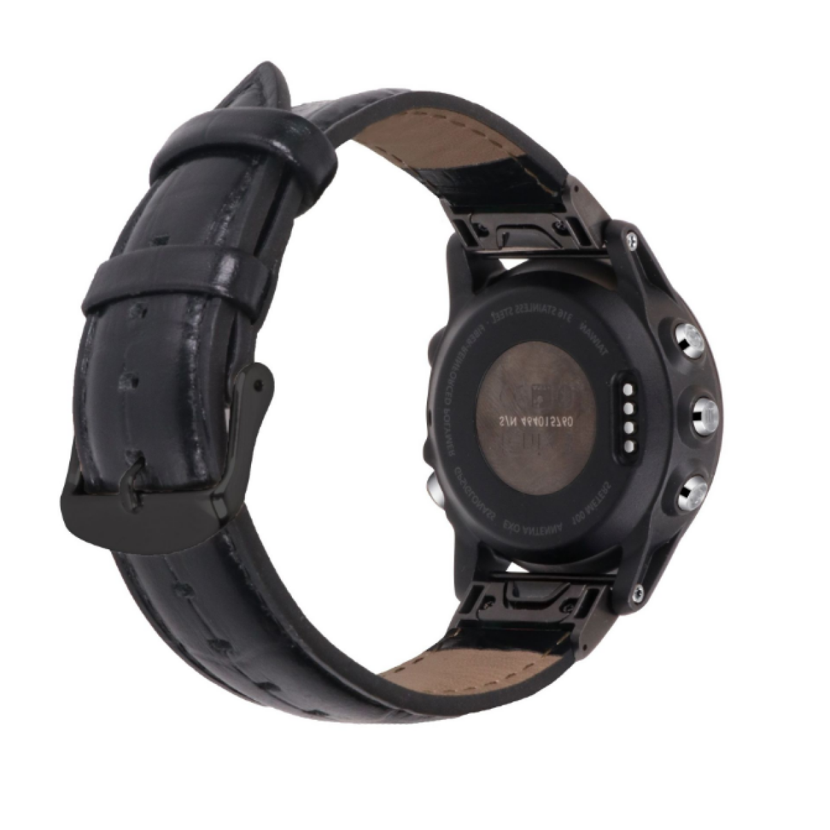 Schwarze Smartwatch, Rückansicht, schwarzes Lederarmband. Weißer Hintergrund.