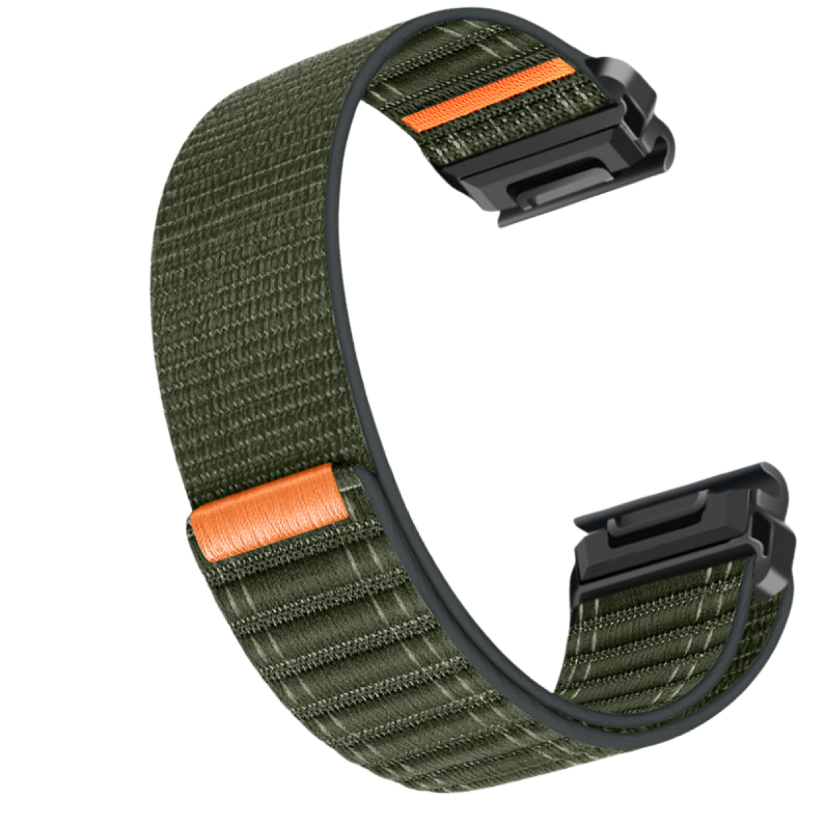 Nahaufnahme eines grünen und orangefarbenen Uhrenarmbands mit schwarzem Verschluss.
