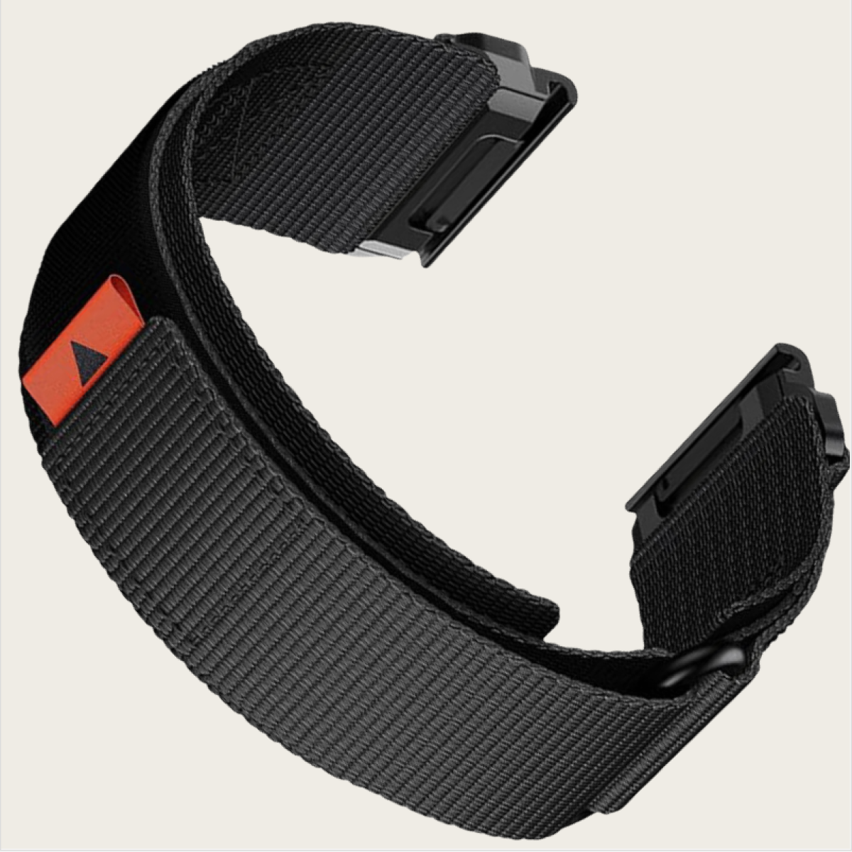 Schwarzes Uhrenarmband mit rotem Dreieck. Es hat eine Schnalle und einen schwarzen Riemen.