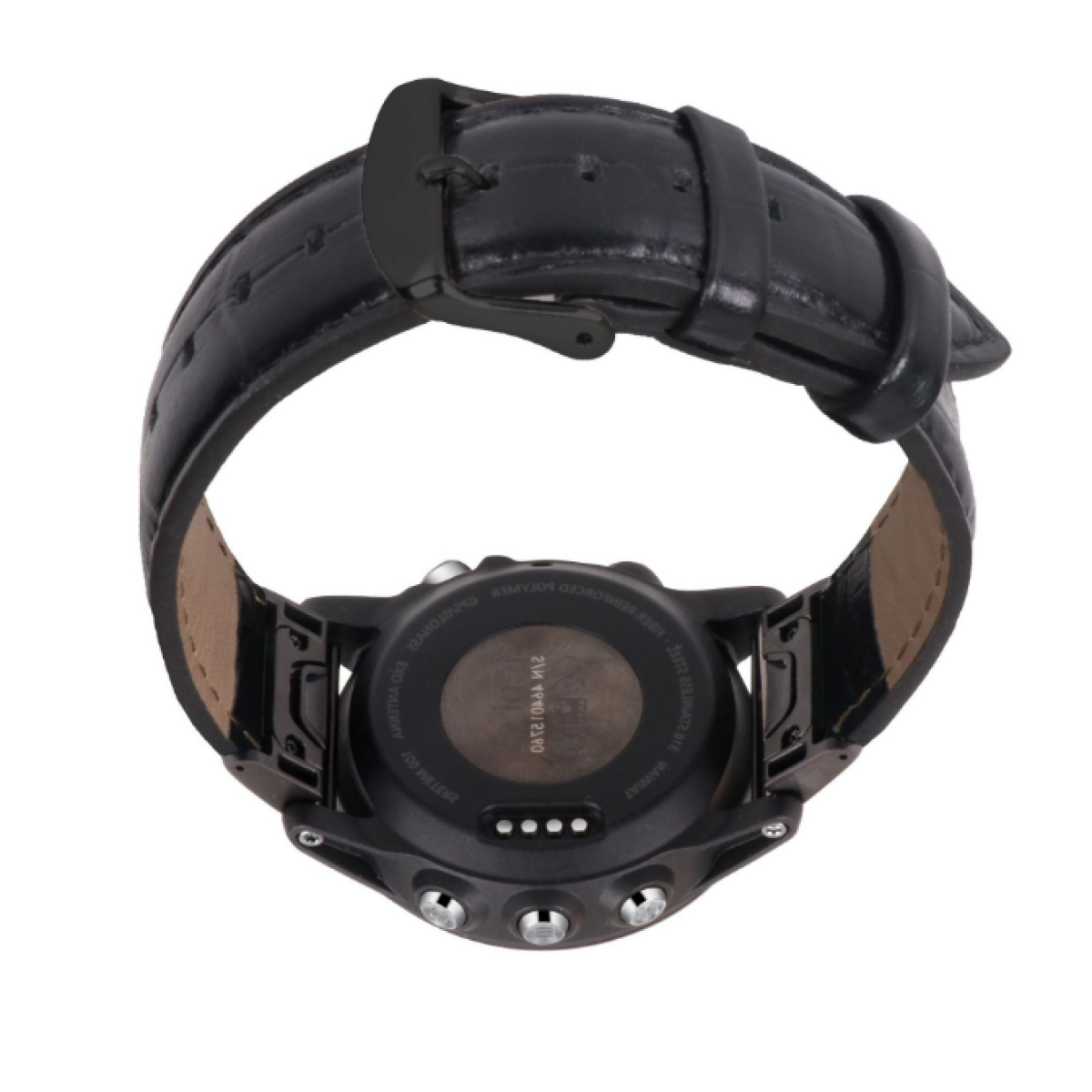 Schwarze Smartwatch, Rückansicht mit Armband und Ladepunkten.