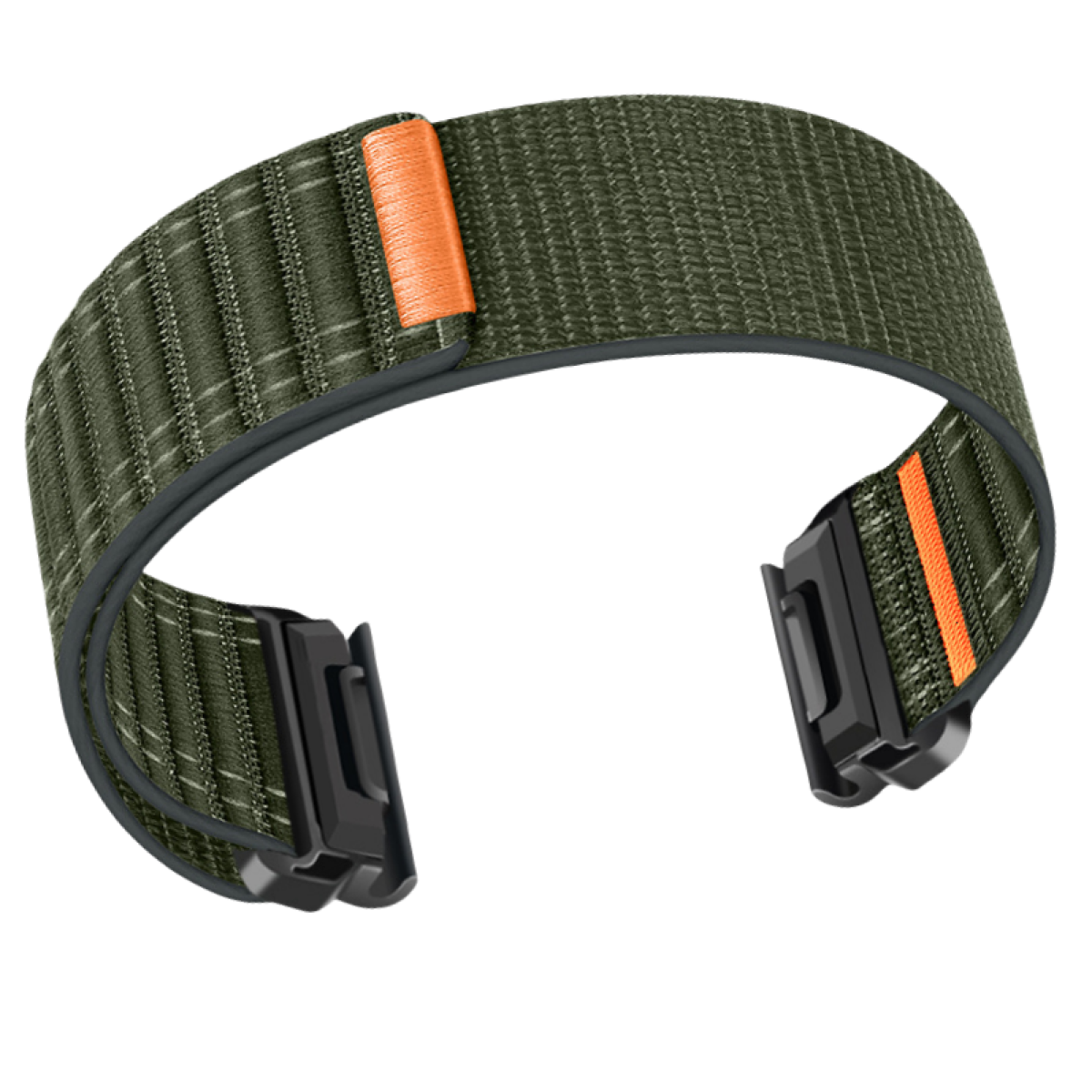 Olivgrünes Uhrenarmband mit schwarzen Verschlüssen und orangefarbenen Akzenten. Strukturiertes Design ist sichtbar.