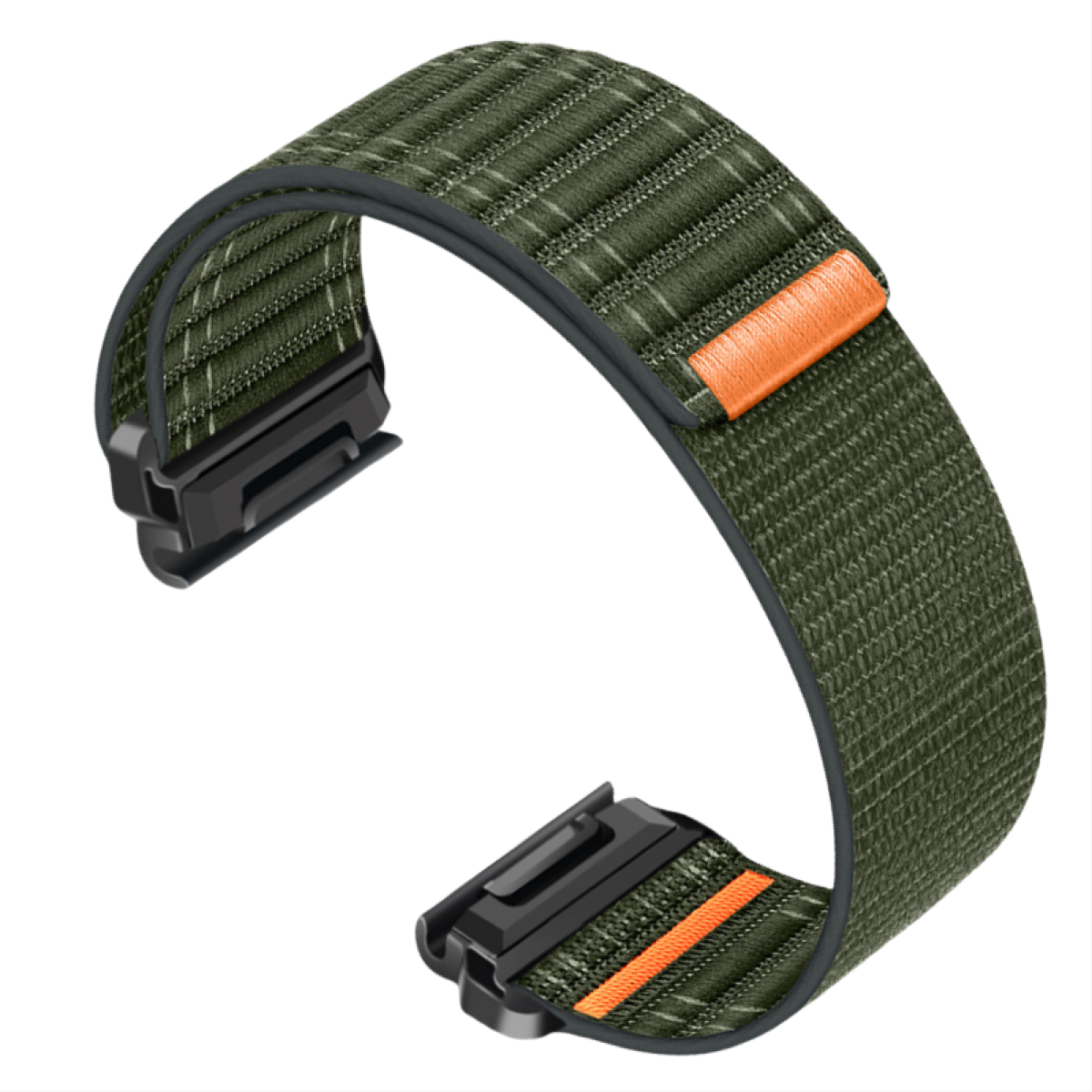 Ein grünes Uhrenarmband mit strukturiertem Muster, orangen Akzenten und schwarzen Verbindern auf weißem Hintergrund.