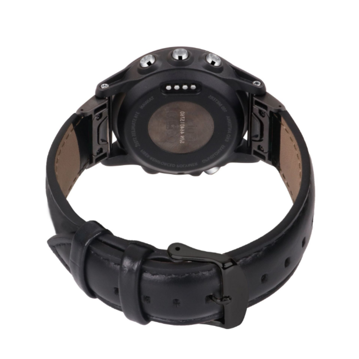 Smartwatch nero, cinturino in pelle, vista posteriore con sensori e pulsanti. L'orologio è rivolto allo spettatore.