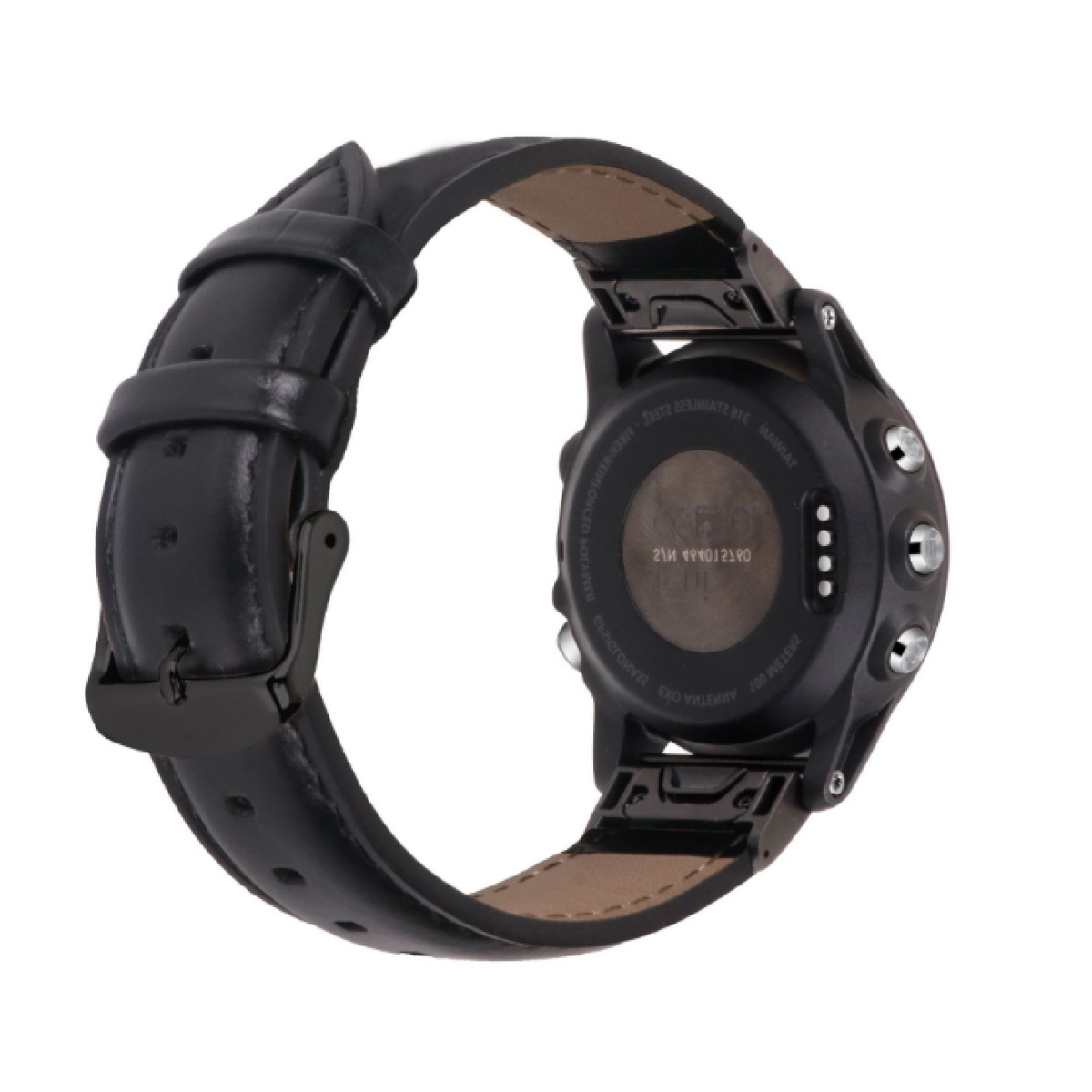 Smartwatch nero con cinturino in pelle nera. Il retro dell'orologio è visibile.