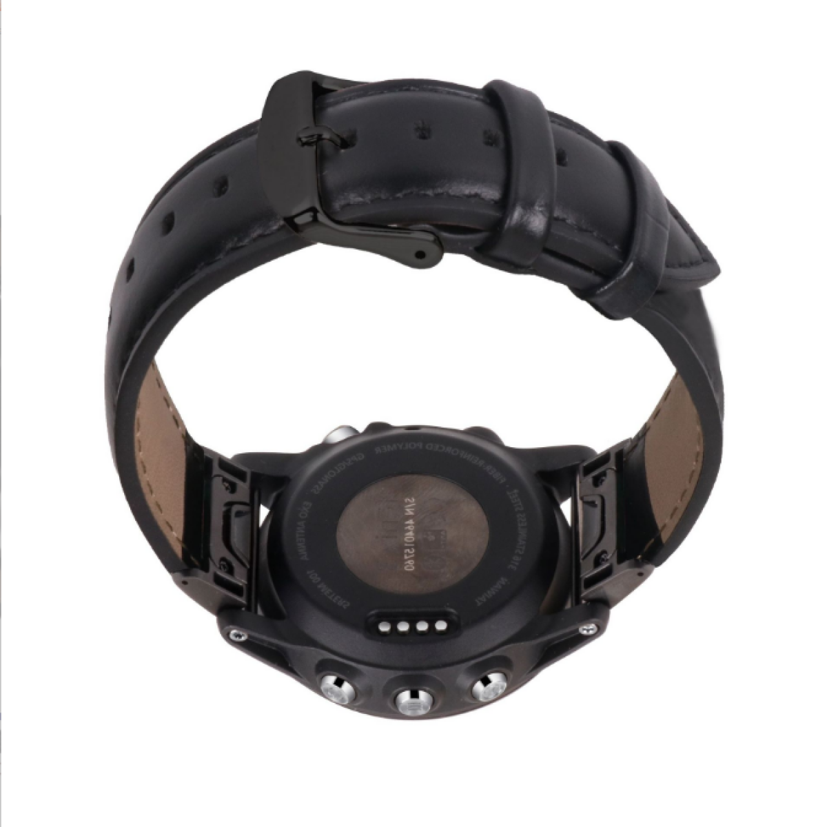Il retro di uno smartwatch nero con un cinturino nero. Sono visibili sensori e punti di ricarica.